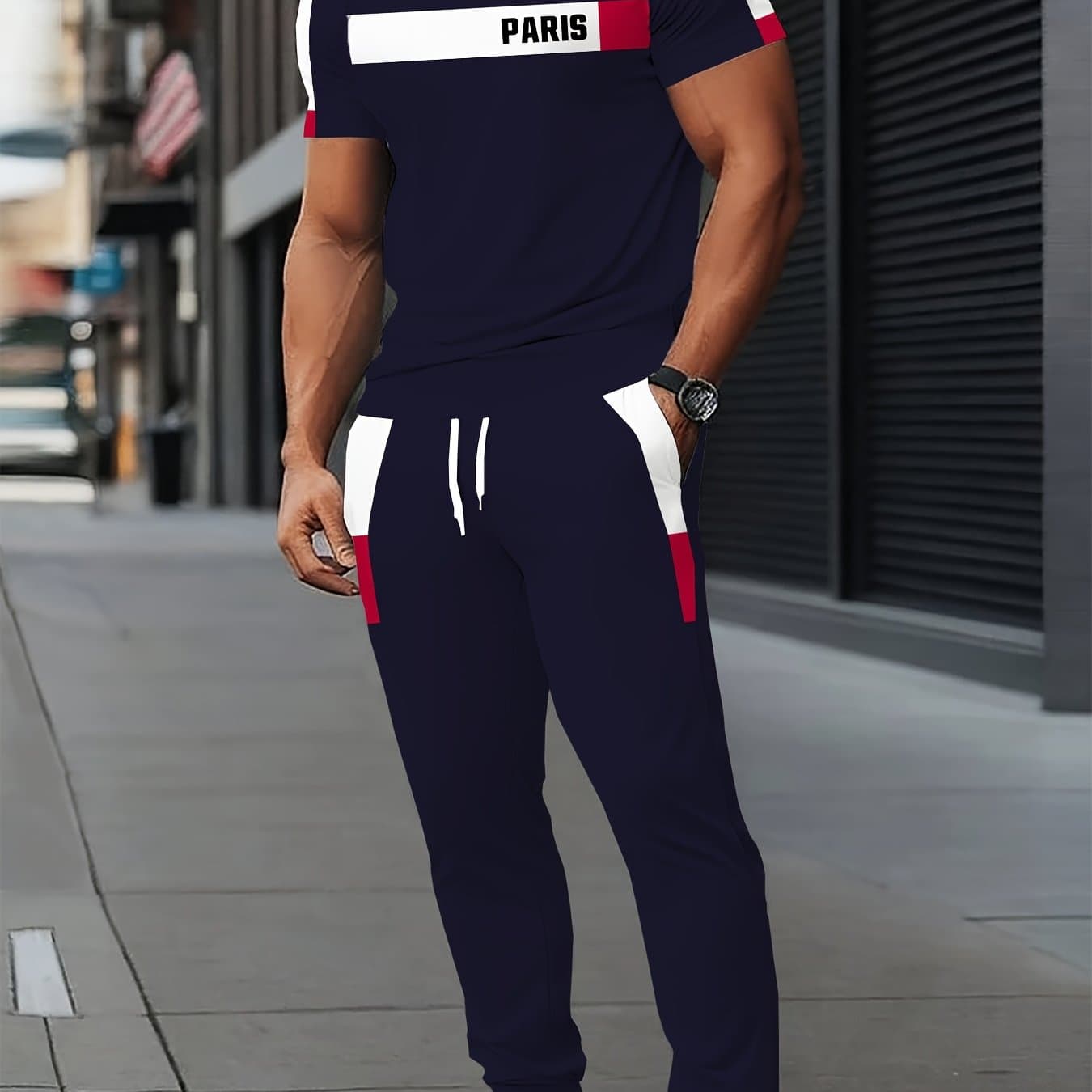 TEMU Digital Printing Men's Trendy Casual Fashion Cool And Breathable Sports Short Sleeve + Long Pants Set