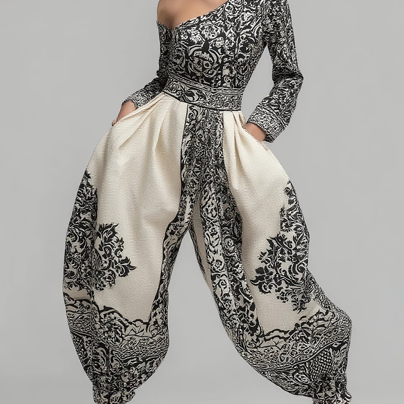 TEMU Casual Off Shoulder Sleeve Printing Random Print Asymmetrical Jumpsuit