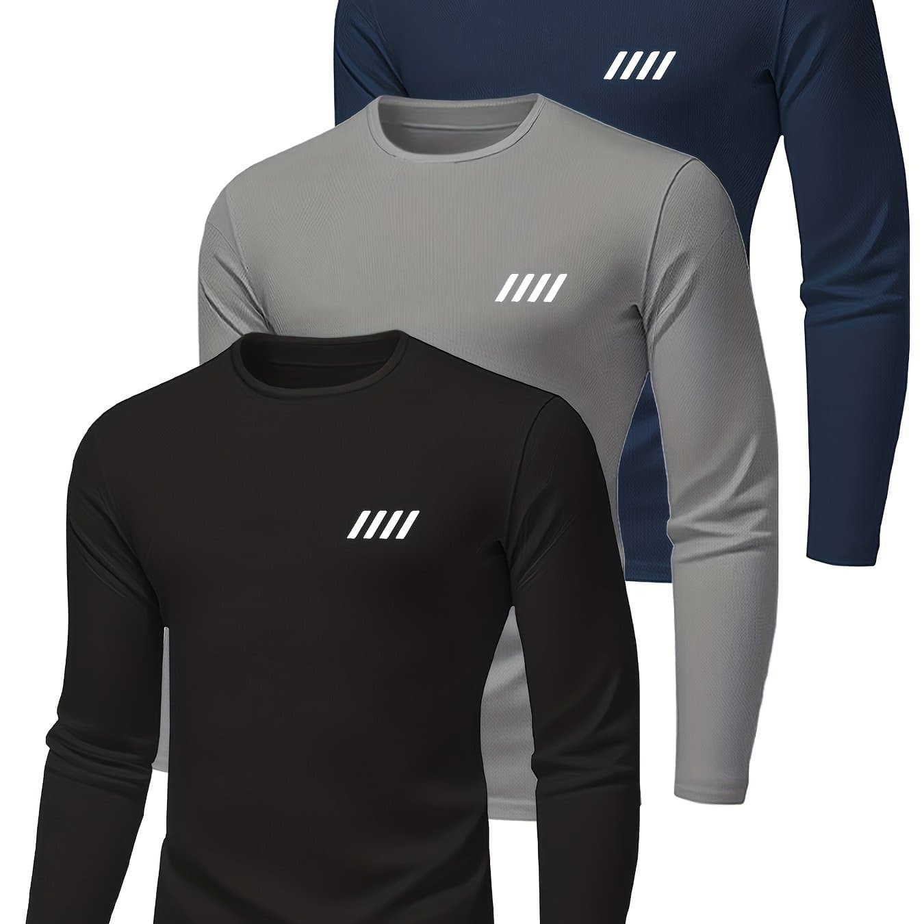 TEMU [casual T-shirts] 3pcs Men's Casual Crew Neck Long Sleeve T-shirts | 100% Polyester Knit Fabric, Slight Stretch, With Print Design