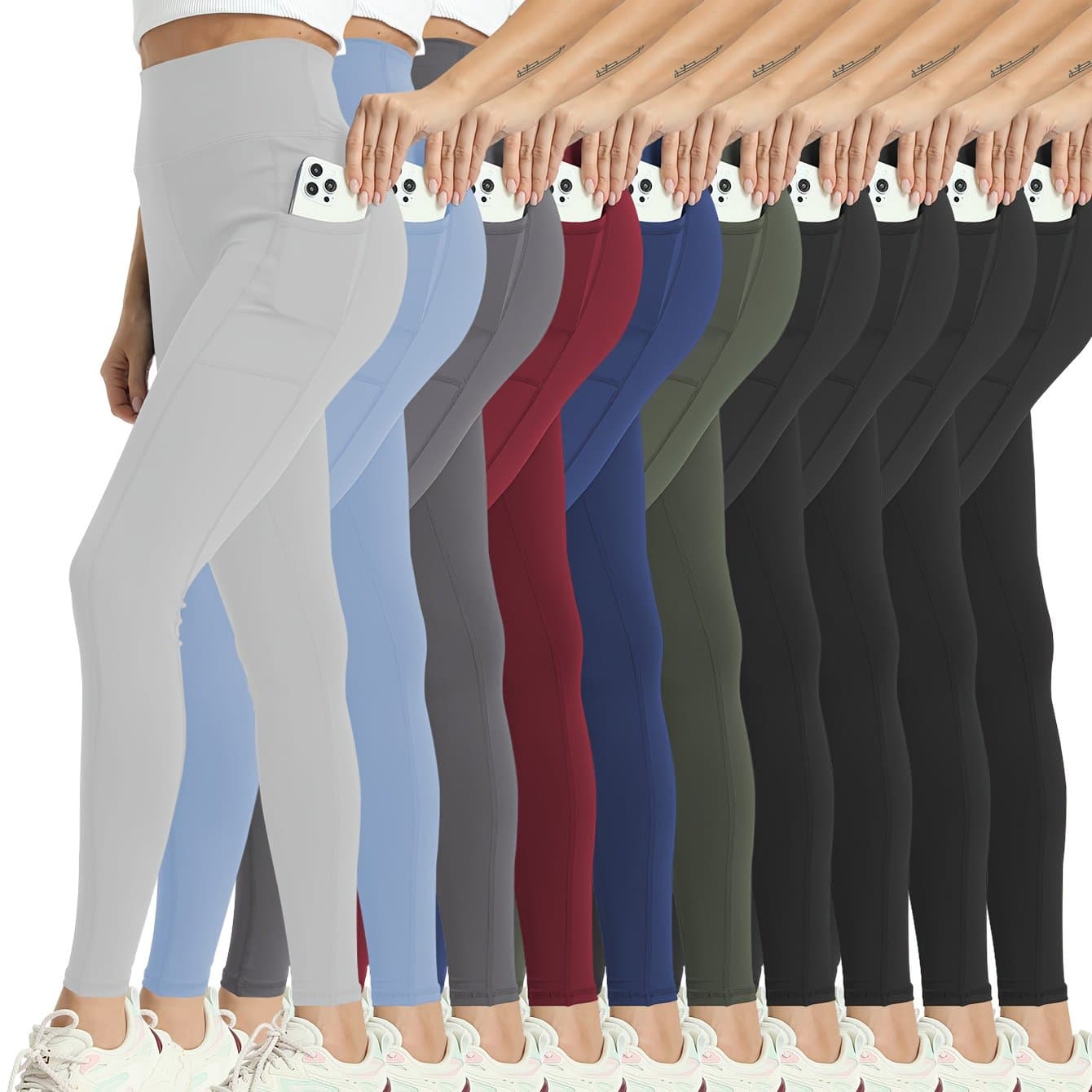 TEMU 10pcs Pack Women's High-waisted Leggings - Full-length Workout Pants Suitable For Running, Gym, Pocketed For Layering - Solid Color Athletic Wear