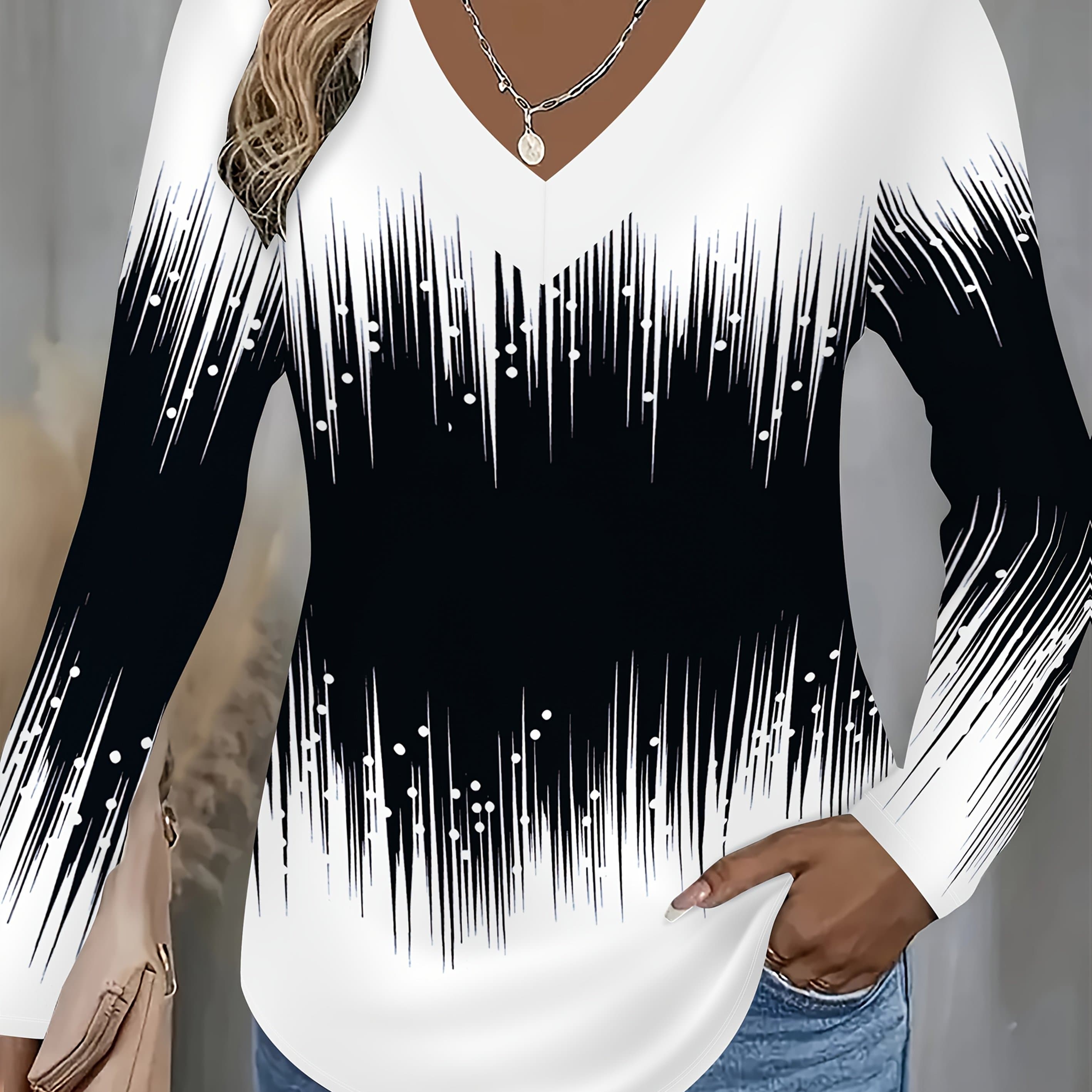 TEMU Women's Elegant Gradient Print V-neck Long Sleeve T-shirt - Black To White Ombre Design, Soft And Comfortable Casual Top, Perfect For Casual Attire, Top, Stylish Gradient Shirt, Smooth Texture