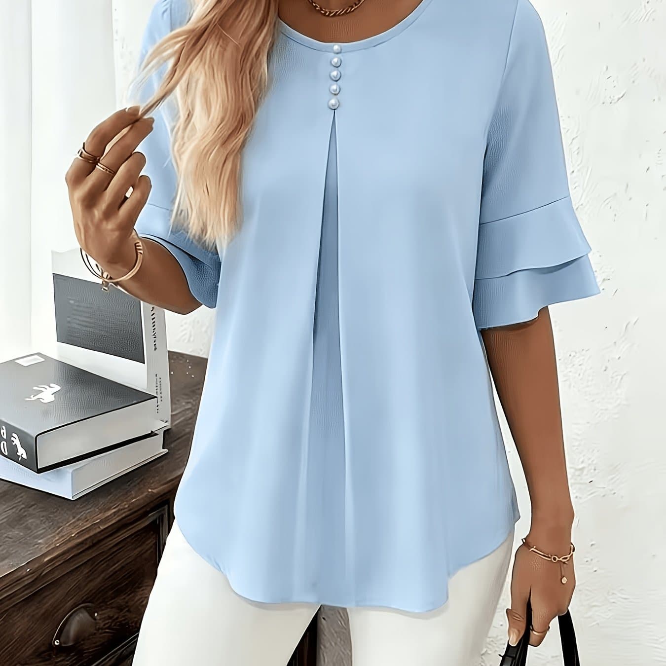 TEMU Elegant Fashion Summer Loose Solid Round Neck Button-up Shirt Flared Sleeve Ruffle Top thumbnail 2