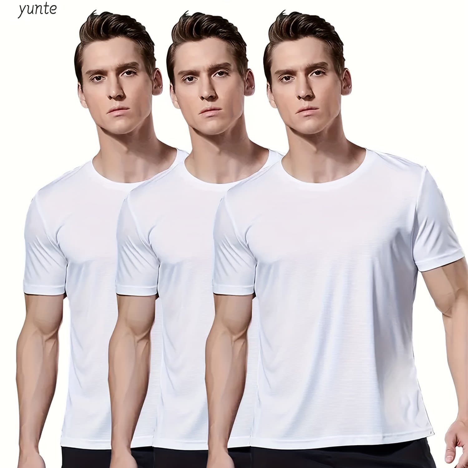 TEMU 3pcs Men's White T-shirts - Quick Dry, Breathable & Sweat-wicking For Gym, Running & Fitness | Comfortable Polyester Crew Neck Tees