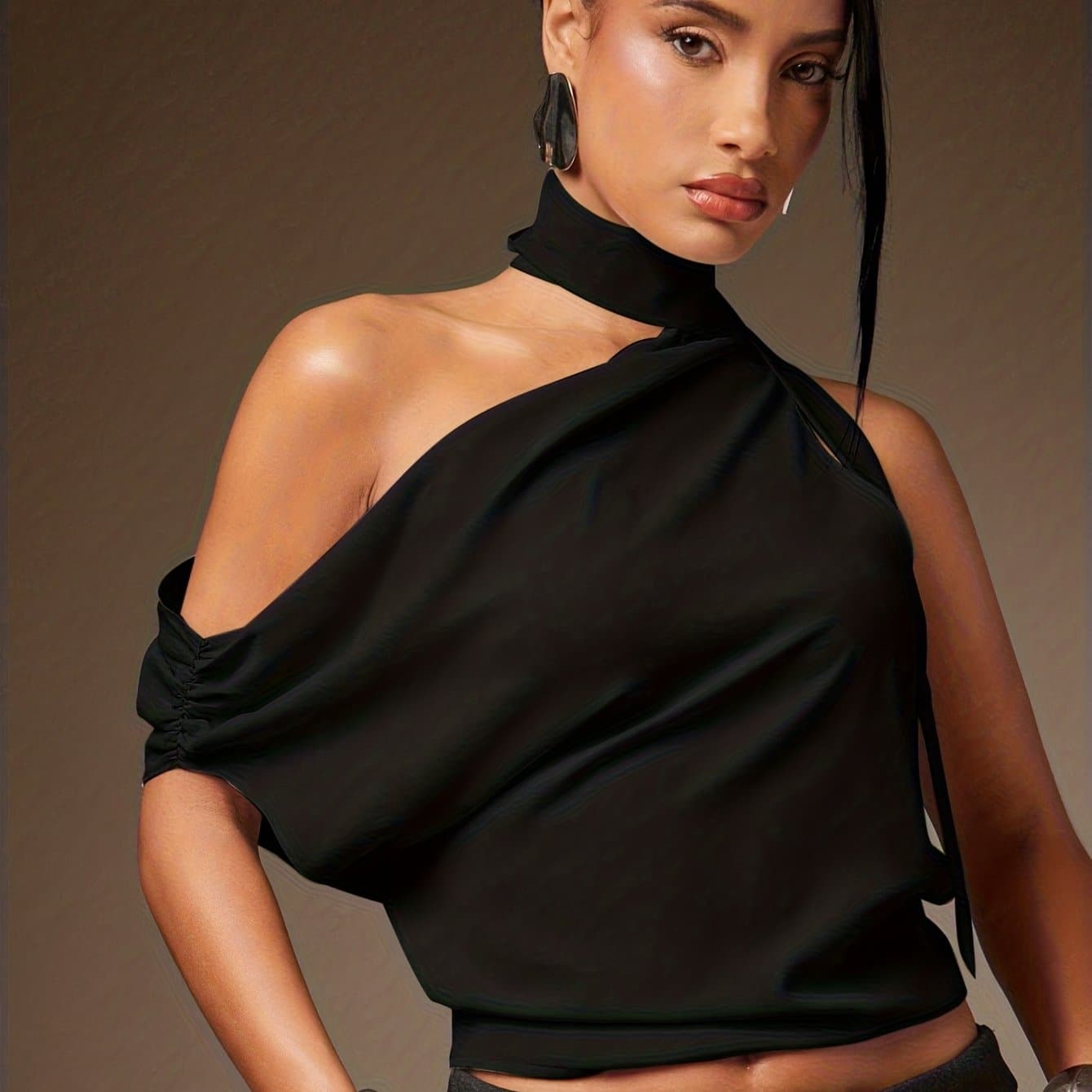 TEMU Women's Top, -shoulder Ruched Scarf Tie Blouse Top, Off-shoulder Elegant Top With Asymmetrical Shoulder And Boat Neck, Suitable For Dates, Shopping, Office, Parties, Casual Wear, Style