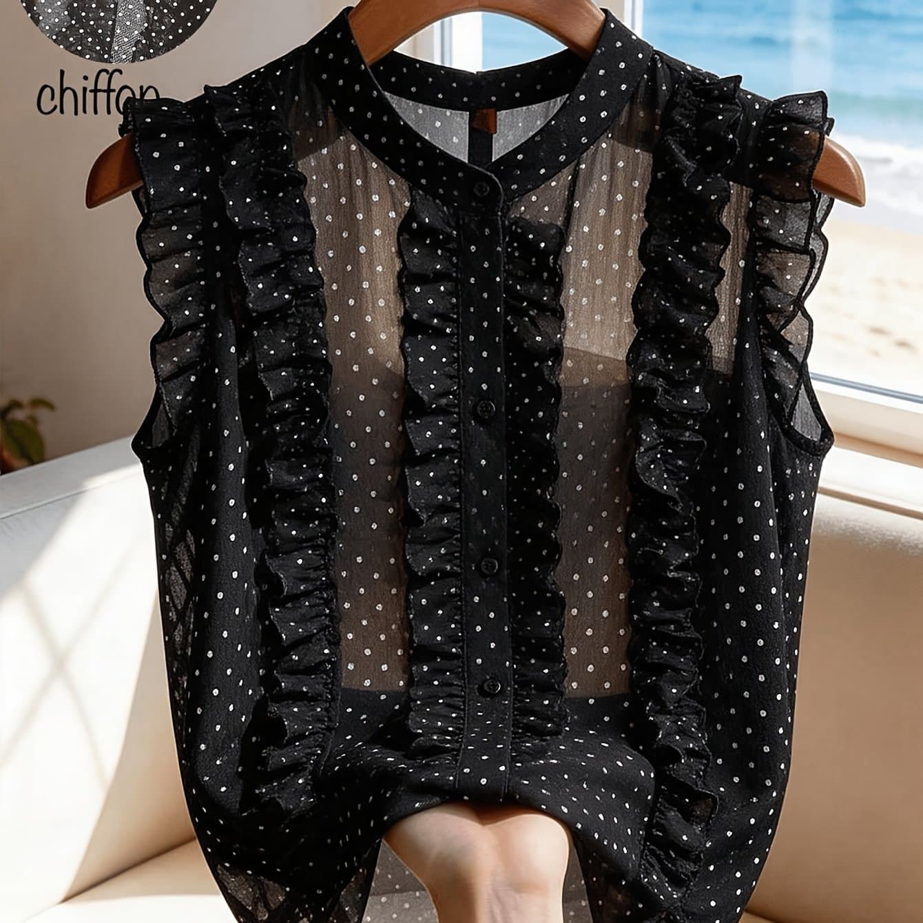 TEMU French Vintage Polka Dot Sleeveless Chiffon Top. Made With And White Polka Dot Chiffon Fabric, Breathable And Smooth