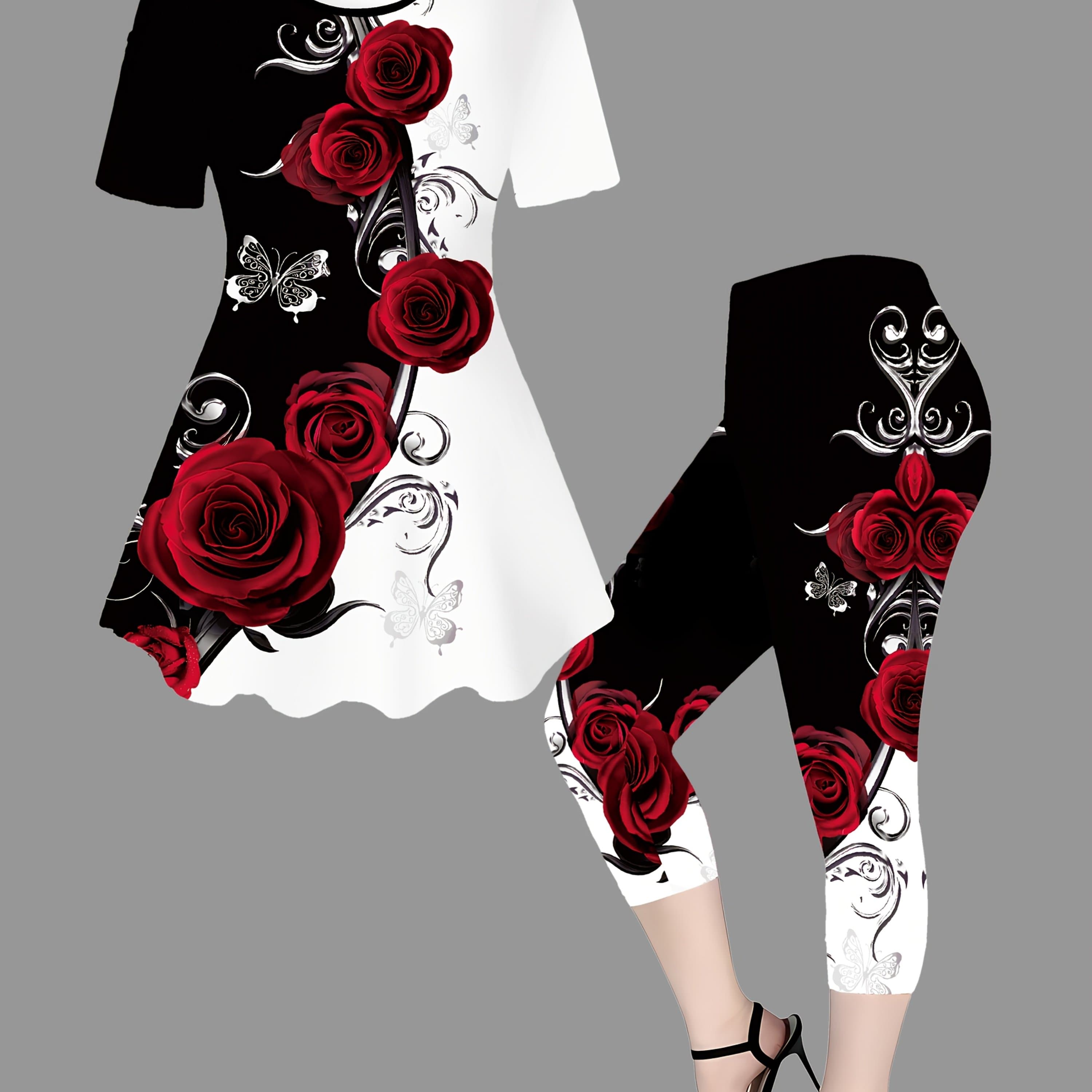 TEMU Spring/summer Rose Pattern Casual Round Neck Short Sleeve Top And Solid Color Tight Pants Set N010
