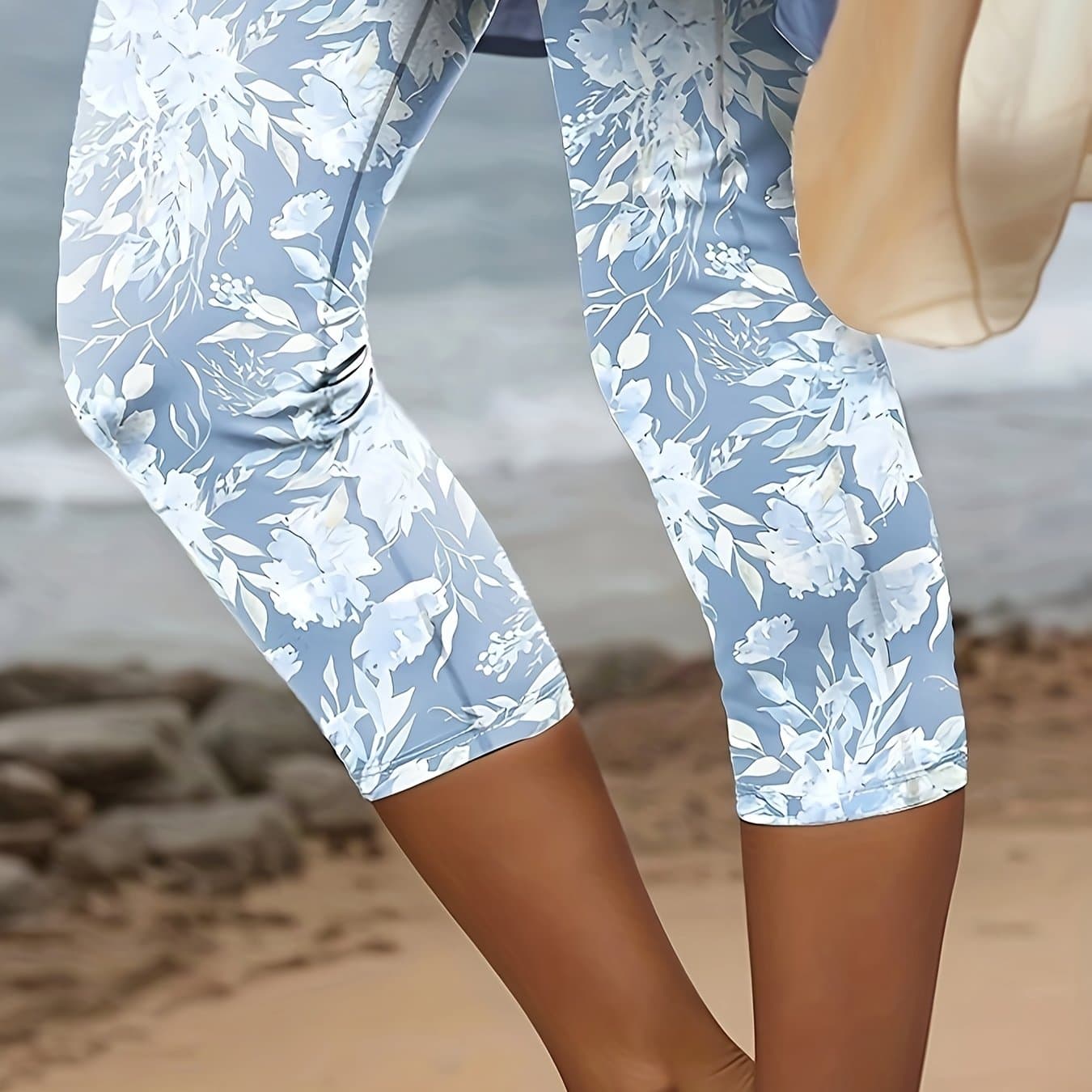 TEMU Plus Size - Plus Size - Plus Size - Floral Pattern Leggings For Plus Sizes - Stylish Slim Jeans Featuring Blue Floral Patterns, Flexible Fabric For , Beach-