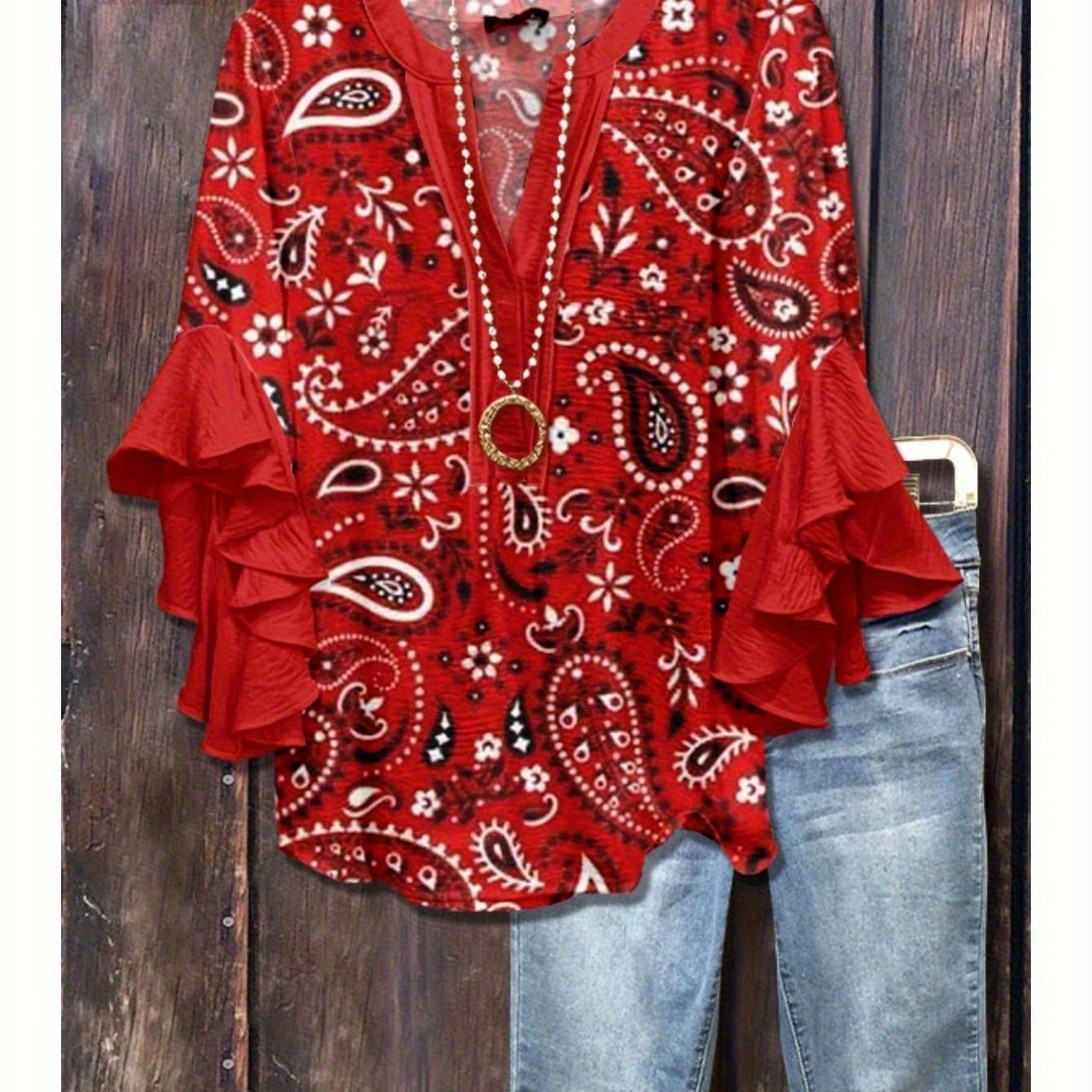 TEMU Plus Size, Large Size Women's Elegant Red Paisley Print Cardigan Shirt With Flared Sleeves, Asymmetrical Hem, Loose And Breathable Top, Suitable For Casual And Party Wear, Machine Washable