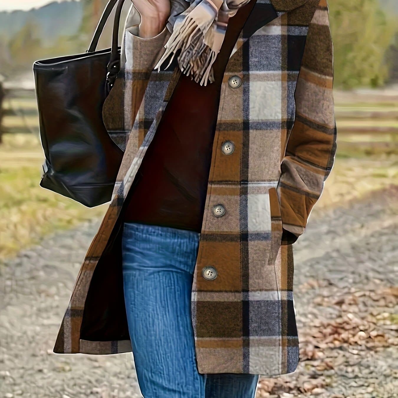 TEMU A Long Lapel Single-breasted Checkered Coat With A European And , Unlocking Fashionable Autumn And Winter Outfits