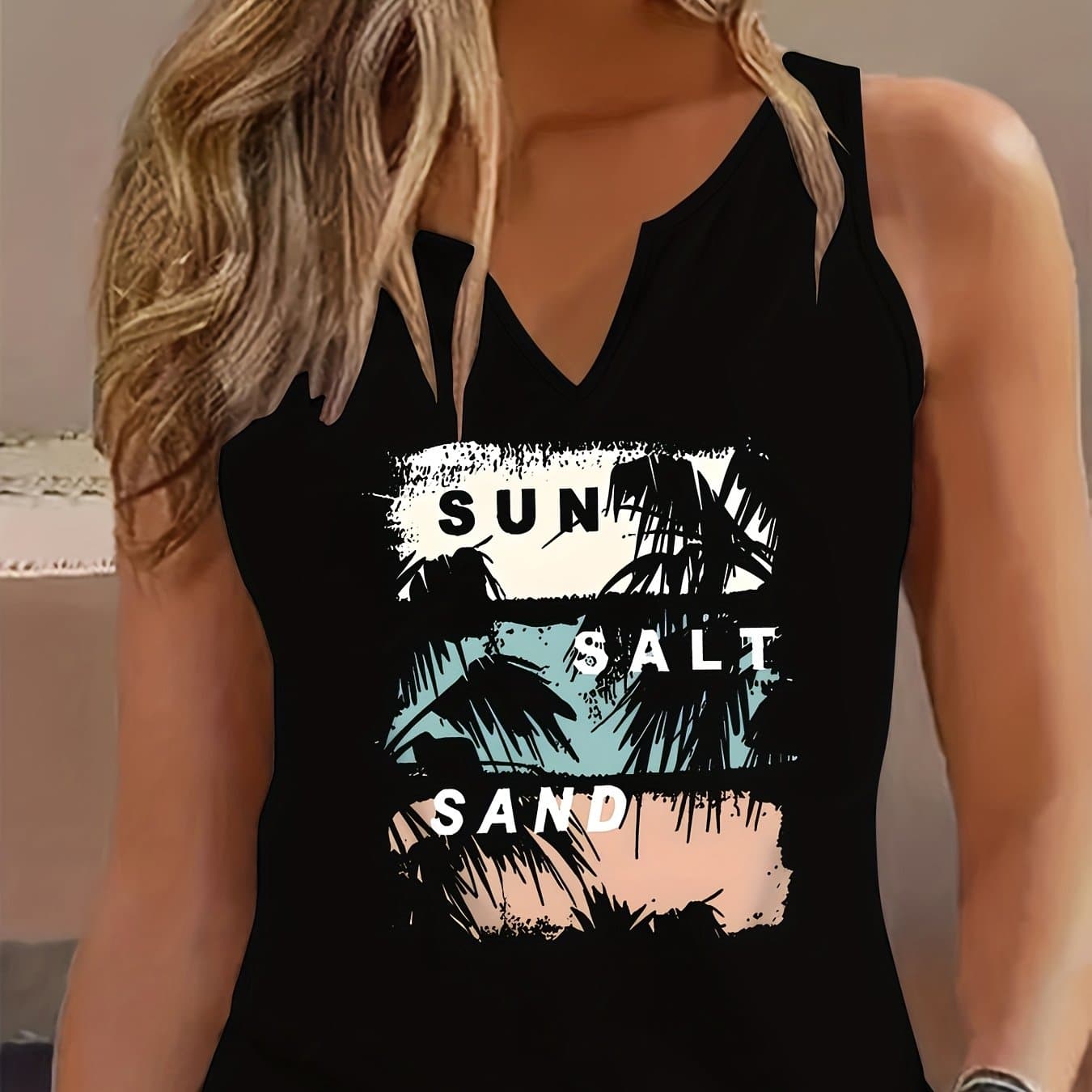 TEMU Letter Print Tank Top, Sleeveless V Neck Casual Top For Summer And Spring, Women's Clothing thumbnail 2