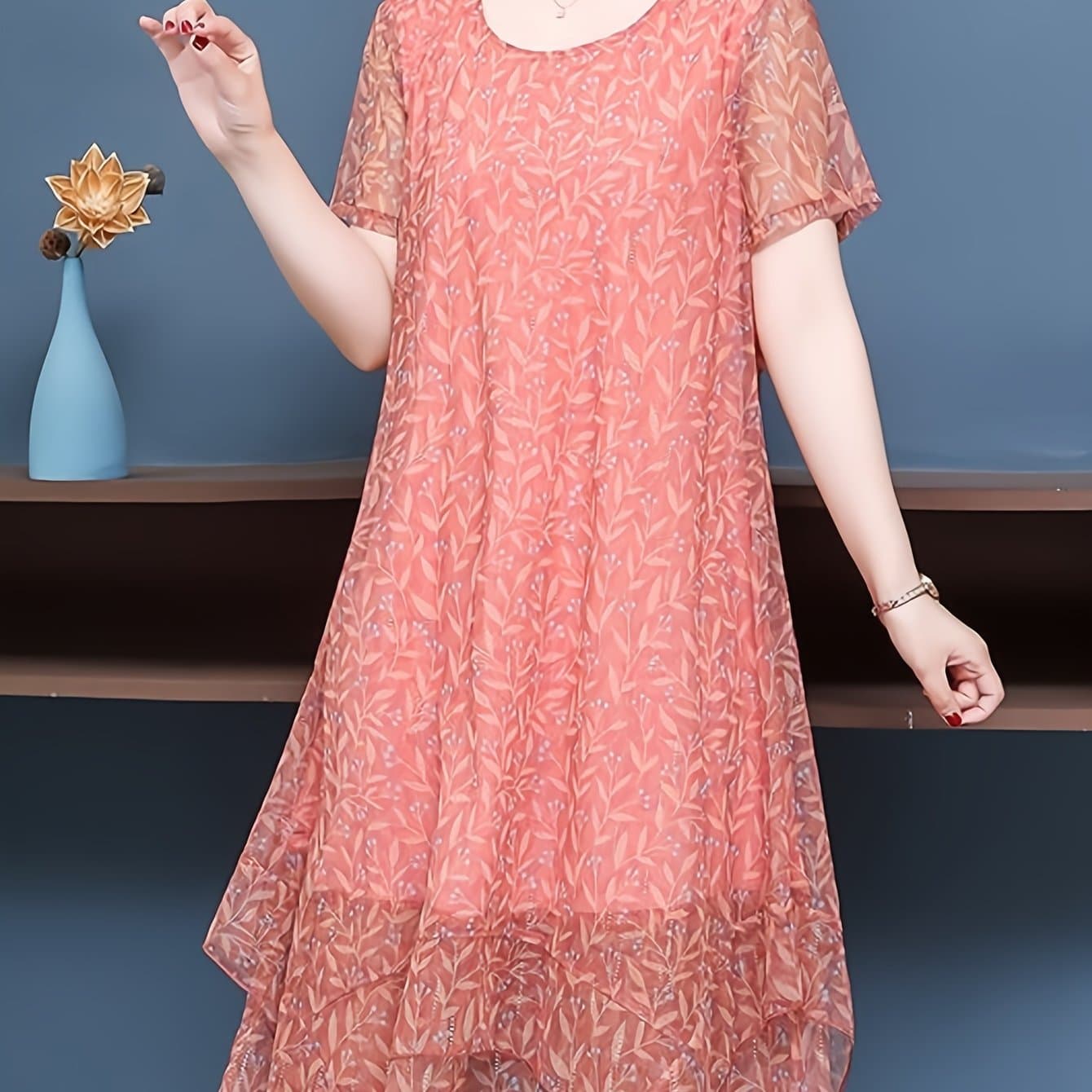 TEMU Mesh Ultra-breathable Mom Summer Dress 2024 New Short Sleeve Women's Chic Mid-age Skirt Women's