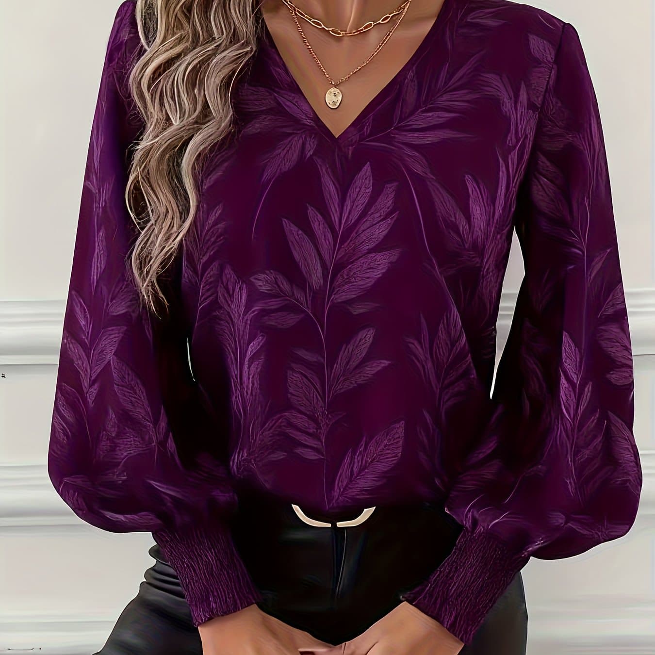 TEMU Women's Elegant Leaf Pattern Lantern Sleeve Shirt - Beautiful V-neck Long-sleeve Top, Perfect For Casual Or Stylish Spring And Autumn Outfits