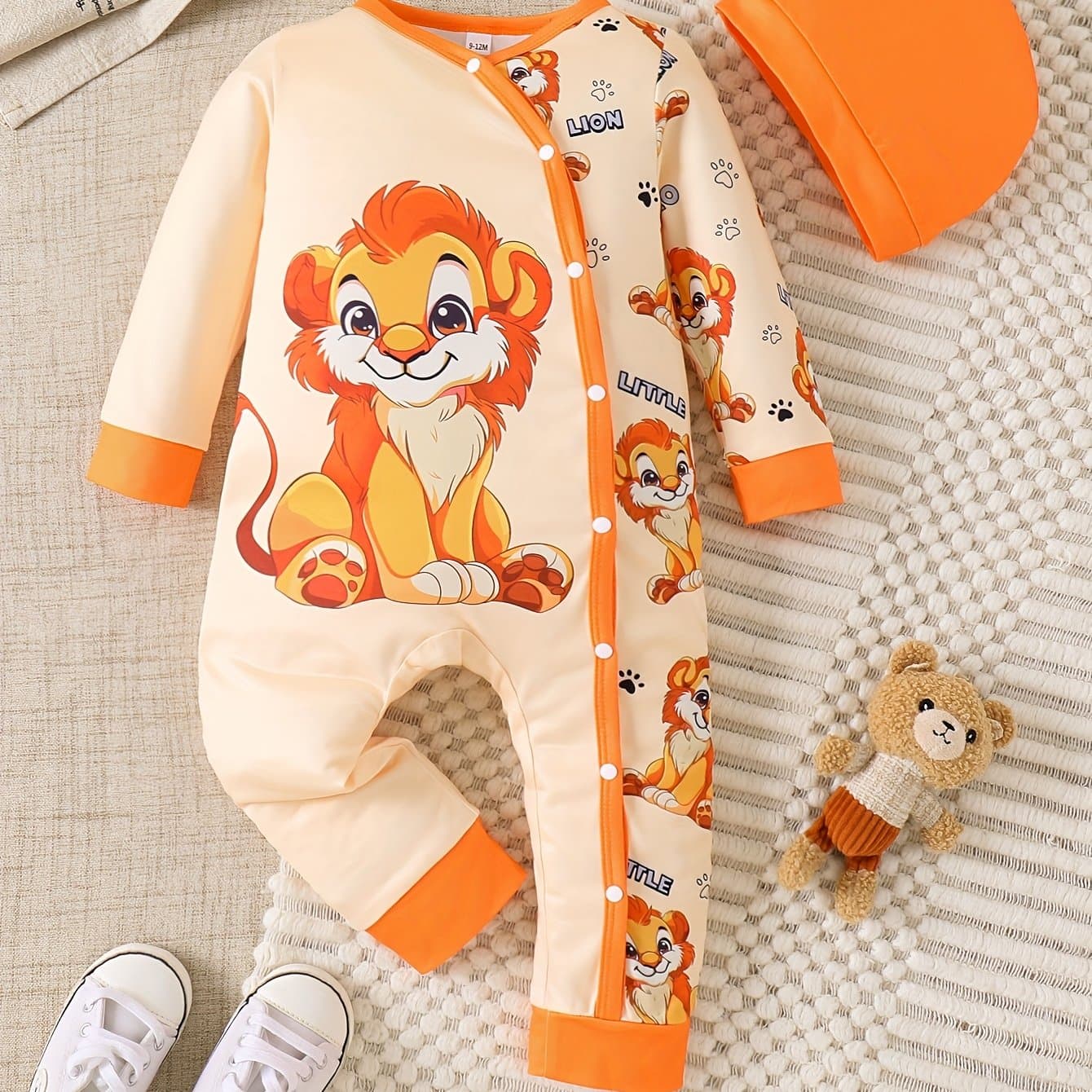 TEMU Spring/autumn Boys' And Girls' Cartoon Block Long Sleeve Romper With Hat Two-piece Set, Perfect For Outdoor Activities, Outdoor Playwear, | Print Romper|stretchy Romper