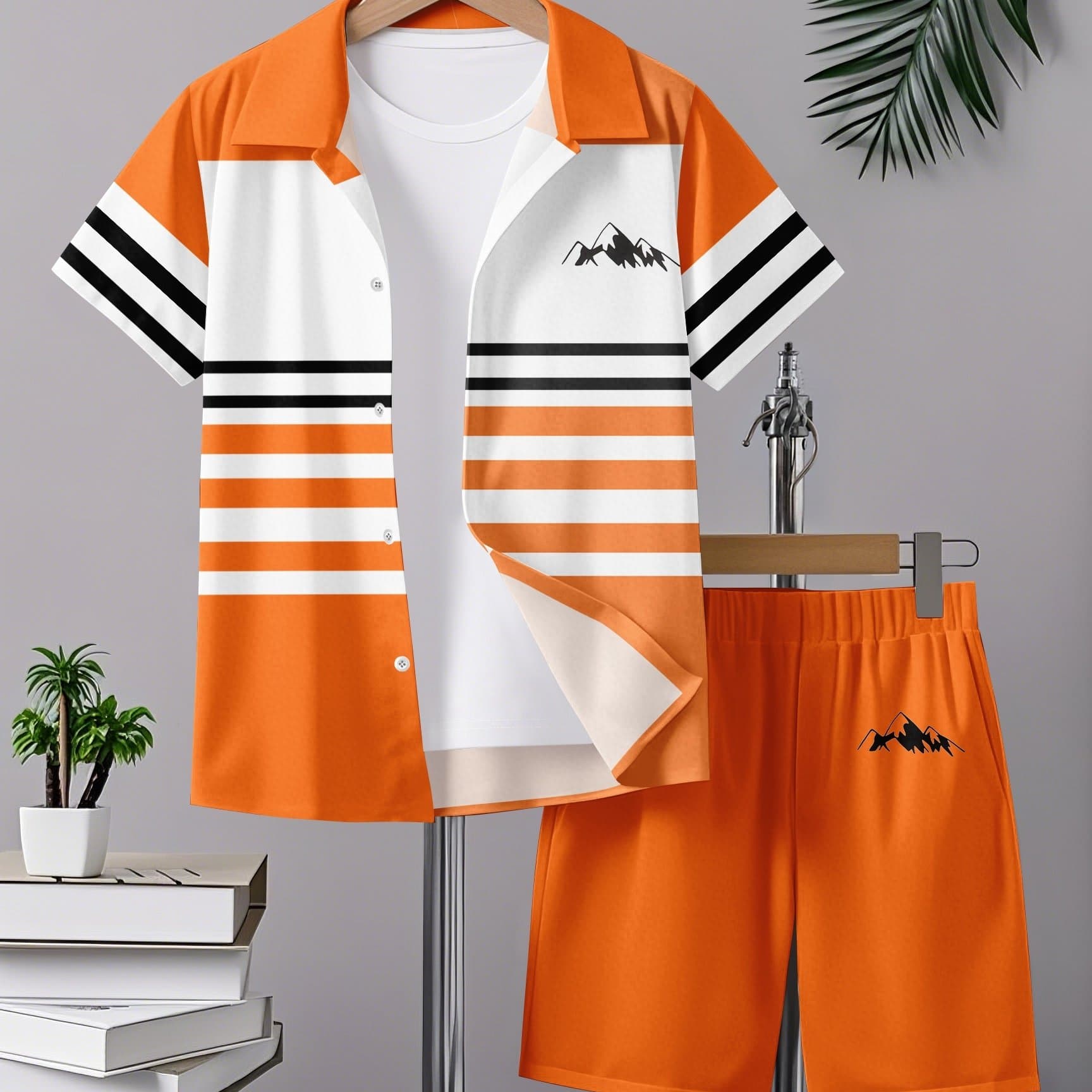 TEMU Boys' Orange And White Striped Short-sleeve Shirt And Shorts Set | Fashionable And Versatile Design, And Vibrant, Suitable For Summer Casual Daily Wear And School, For Outdoor