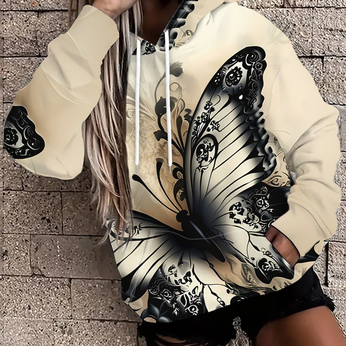 TEMU A Stylish Women's Loose -style Hoodie Featuring A Beautiful Design Of Black And White Butterflies And Patterns - Made From Stretchy Fabric, , With A Color-blocking Design