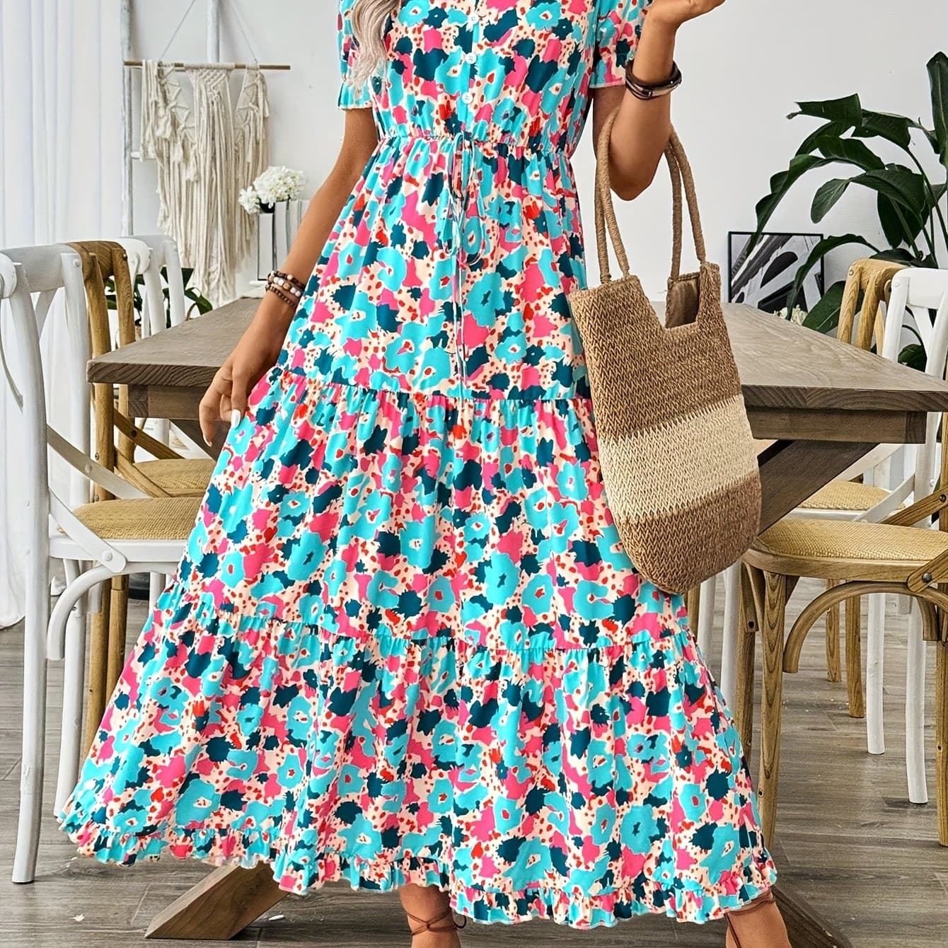 TEMU Printed V-neck Casual Decorative Button Tie-front Women's Dress
