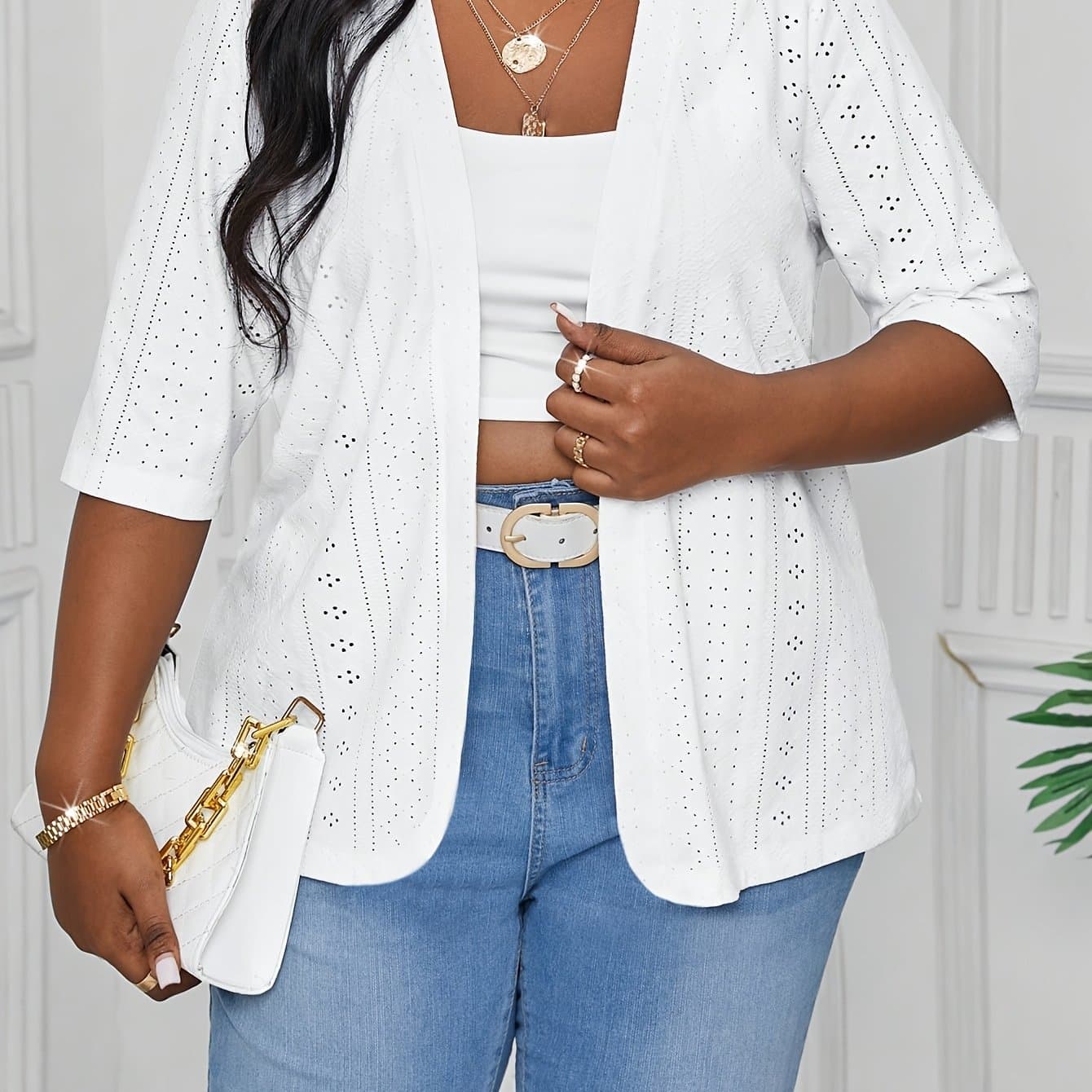 TEMU Plus Size, Extended Size Women's Elegant Open-front Cardigan - Half Sleeve, Eyelet Embroidery, Lightweight Fabric, Spring/autumn Fashion Outerwear, Thin And Light Cardigan