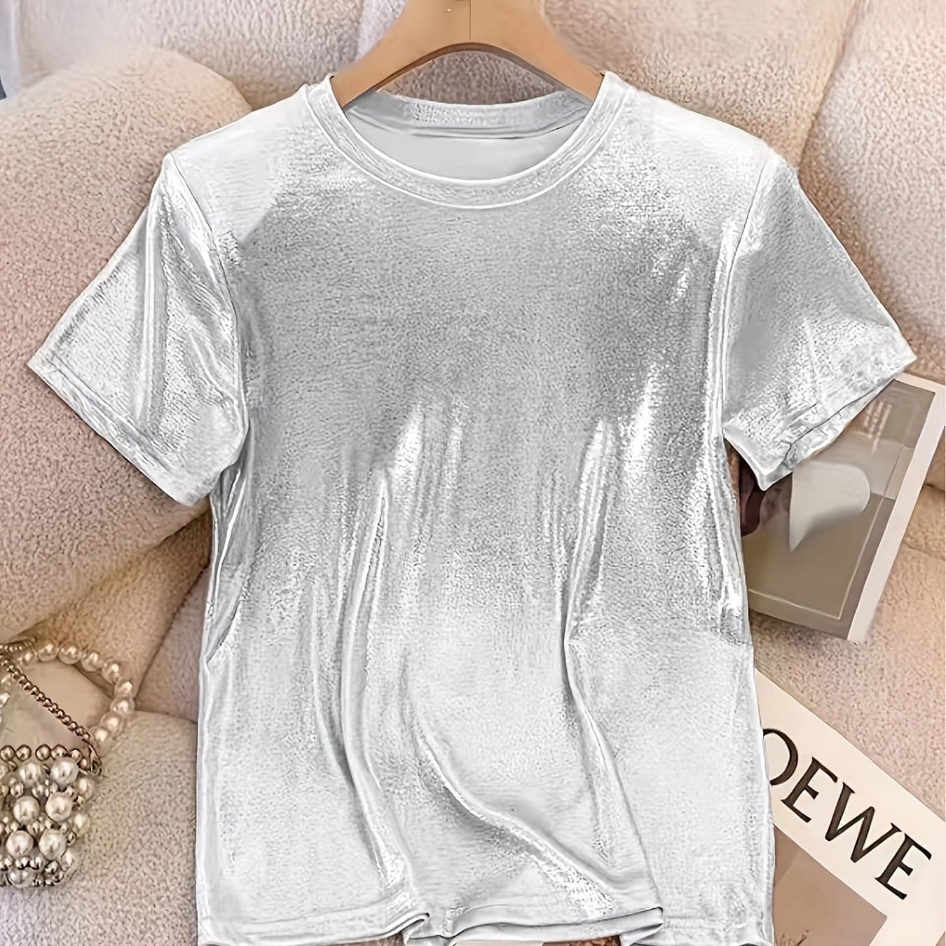 TEMU Elegant French-inspired Sparkle Princess T-shirt For Women - Casual Round Neck, Stretchy, Machine Washable - Perfect For Spring/summer/fall