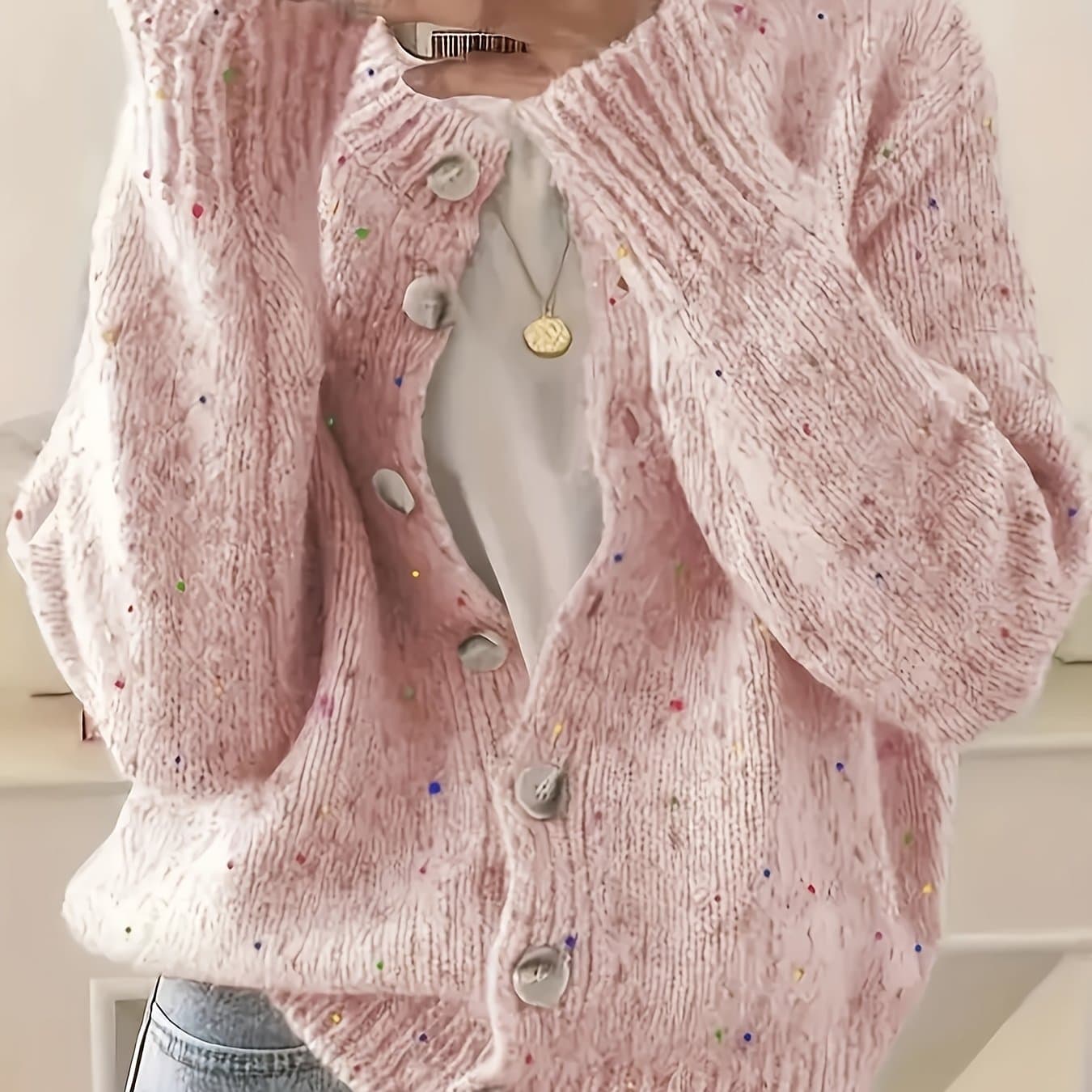 TEMU Elegant Women's Stretch Camouflage Button Cardigan - High Round Neck Sweater For Spring/autumn, Hand Wash/, To Formal Attire, Classic Women's Sweater, Texture Upgrade, Durable