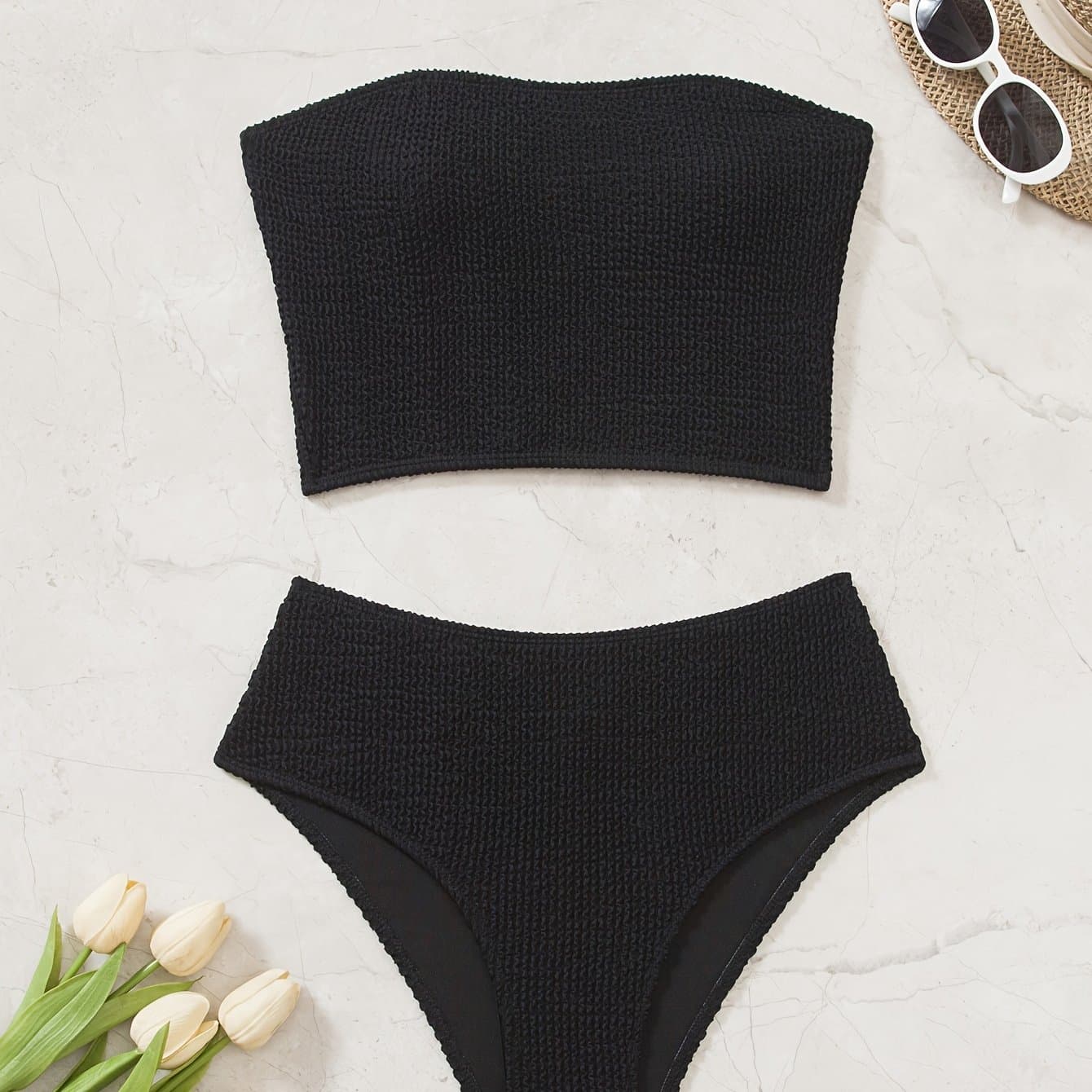 TEMU Summer Beach Women Solid Color Ruched Bandeau Top And Swim Bottom Minimalist Fashion Tankini