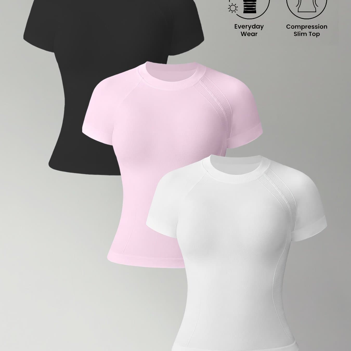 TEMU 3pcs Set Of Solid Color Casual 's Athletic Short Sleeves, Elastic Breathable Soft Workout Fitness Short Sleeves, Women's Yoga Athletic T-shirts
