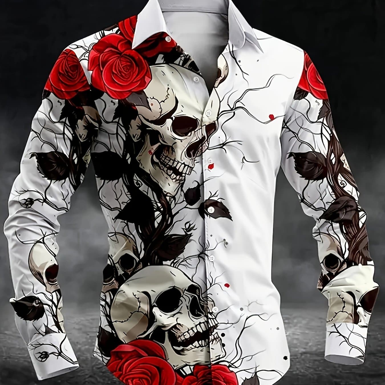 TEMU Exclusive Offer Men's 3d Skull And Rose Print Long Sleeve Shirt - Casual, Weekend Wear, Ideal For Autumn And Winter