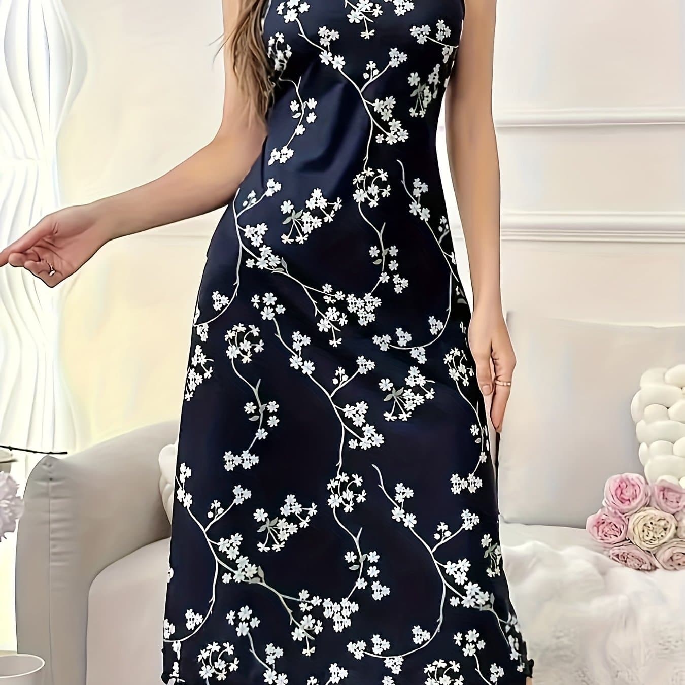 TEMU 1pc Fashion Floral Print Cami Dress, Plus Size Fit, Comfortable Breathable Fabric, , See Size Chart