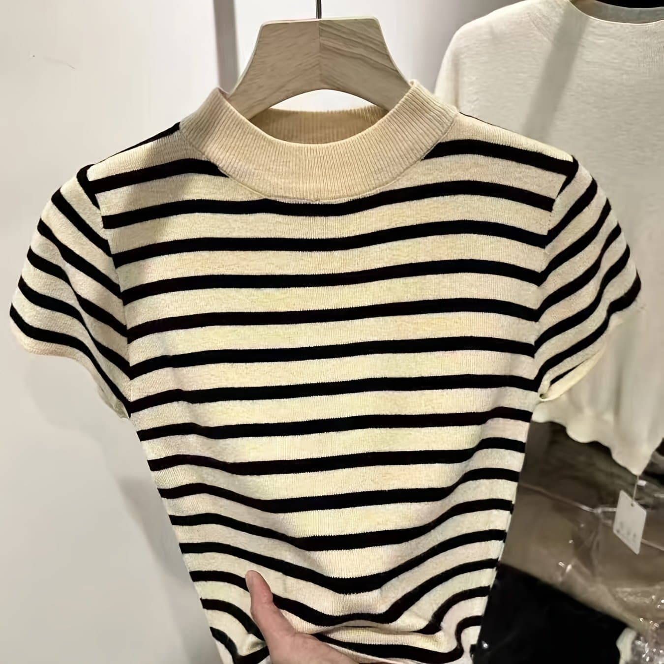 TEMU Semi-high Neck Striped Short-sleeved T-shirt, Slim , Summer Blouse 2025