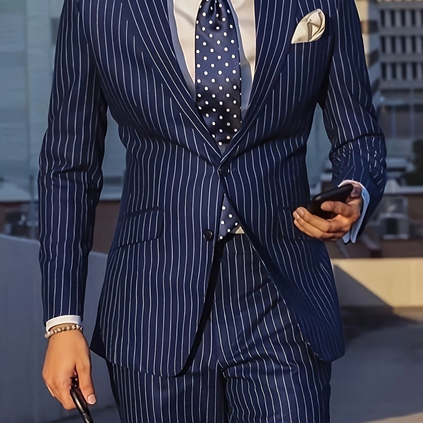 TEMU Men's Suit 2pcs Navy Blue Pinstripe Blazer And Trousers Formal/casual Wear