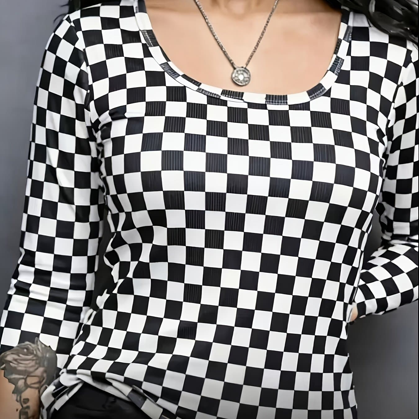 TEMU European And American Elegant Fashion Women's Tight Long-sleeved Top Women's Color-blocking Print Ribbed Slim Spring And Autumn Base Shirt