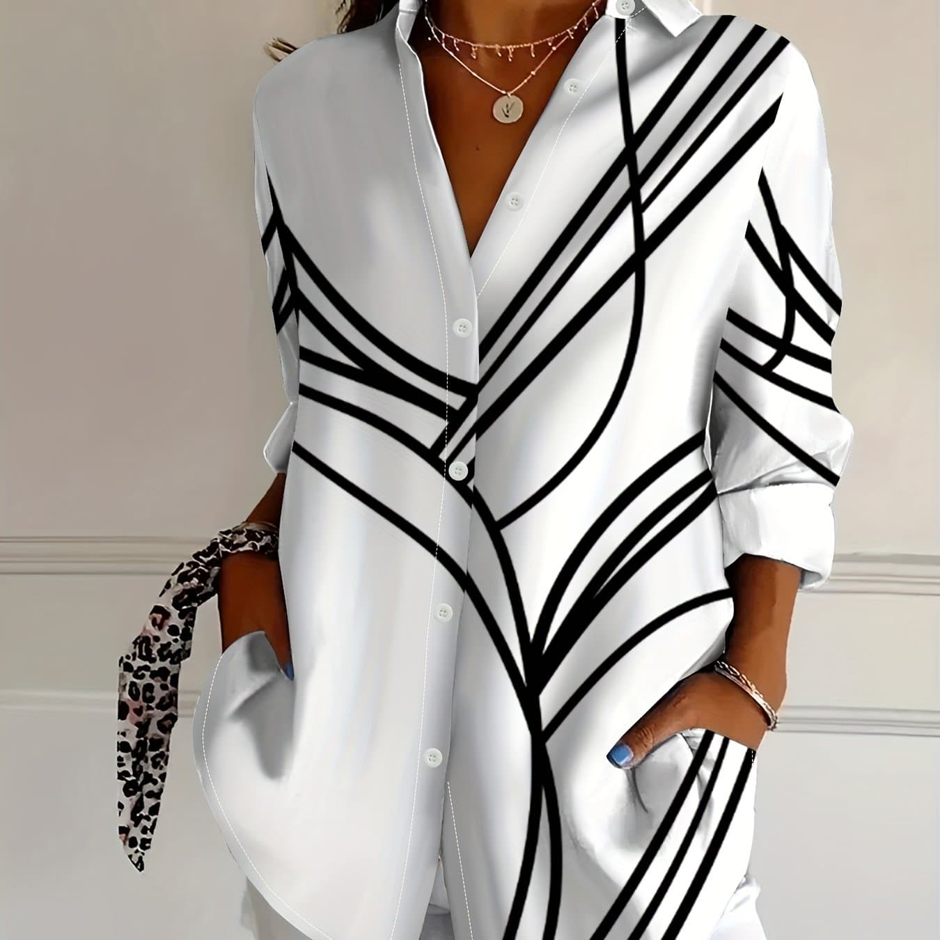 TEMU Women's Casual Printing Long-sleeved Lapel Button Shirt Pattern Lightweight Fabric Machine Washable Spring, Summer And Autumn Casual Women's Clothing