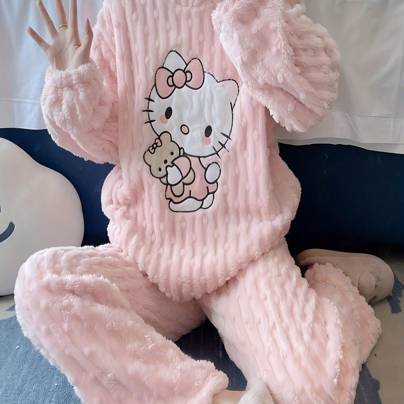TEMU Licensed Adorable Sleepwear Collection Featuring Hello Kitty, Cozy And Pajamas, Attire, Coral Fleece Nightwear For Women, Long Flannel Loungewear For Fall And Winter
