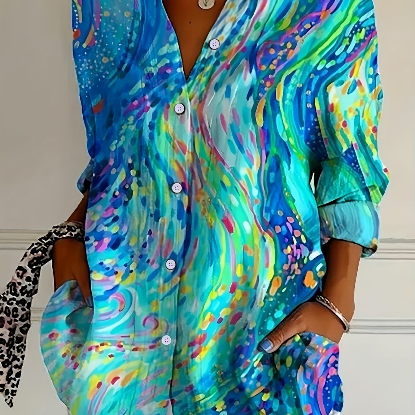 TEMU Polka Dot Print Long Sleeve Shirt With Turn- Collar, Spring/summer