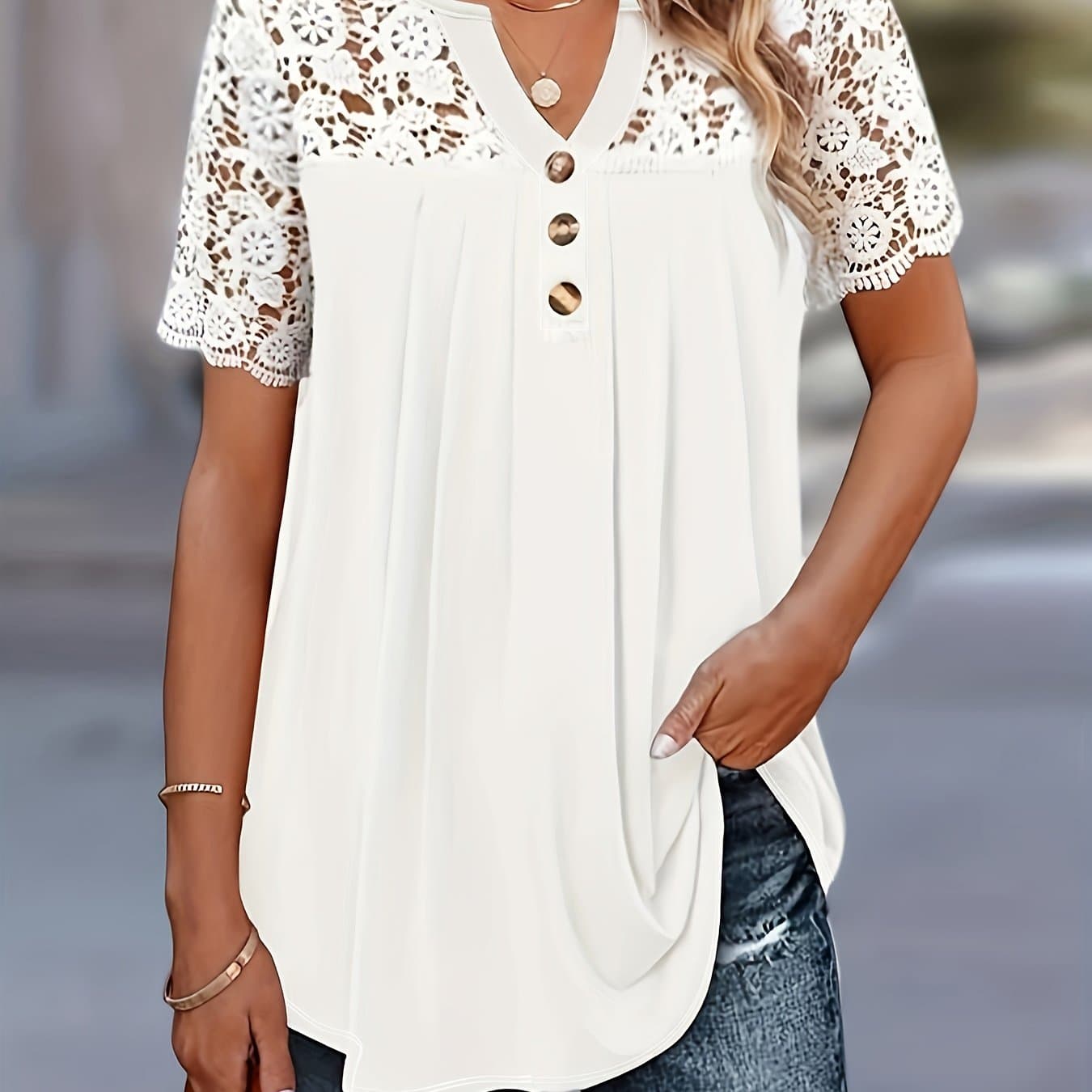 TEMU Targeted Development Fashion Women's Clothing Size V-neck Casual Shirt Sleeve Lace Trim Front Panel Front Middle Button Casual Solid Outdoor Shirt