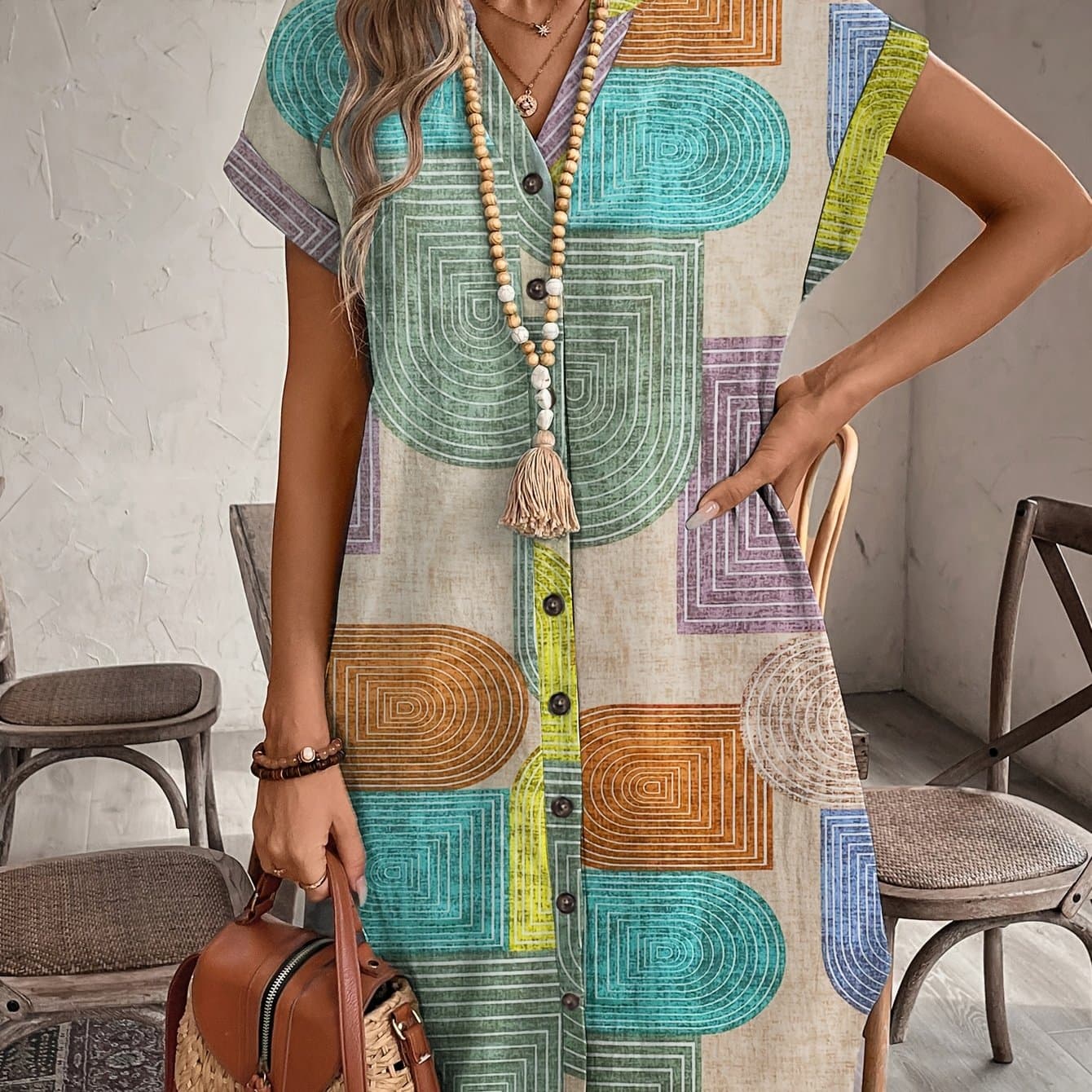 TEMU Women's Summer Printed Elegant V-neck Button Women's Dress
