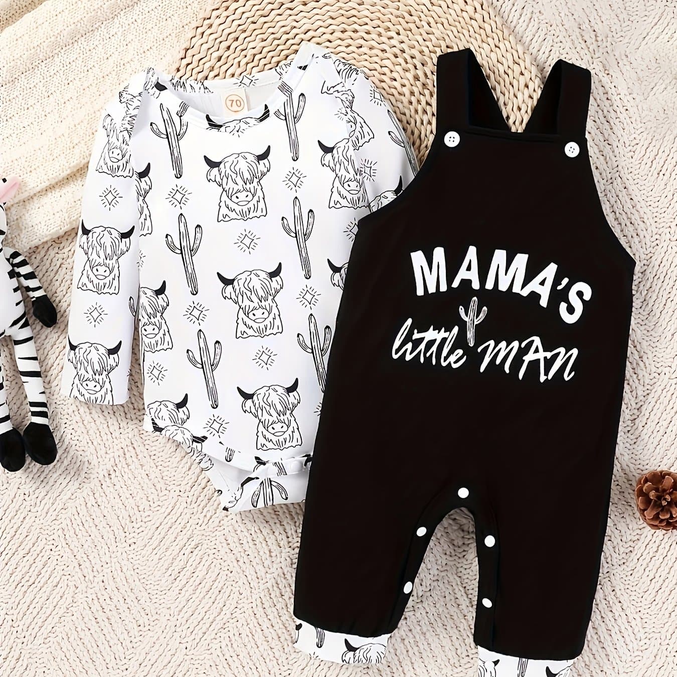 TEMU 2pcs Of Baby Boy Autumn Style Print Long Sleeved Shirt+overalls With Letter , Perfect For Outdoor