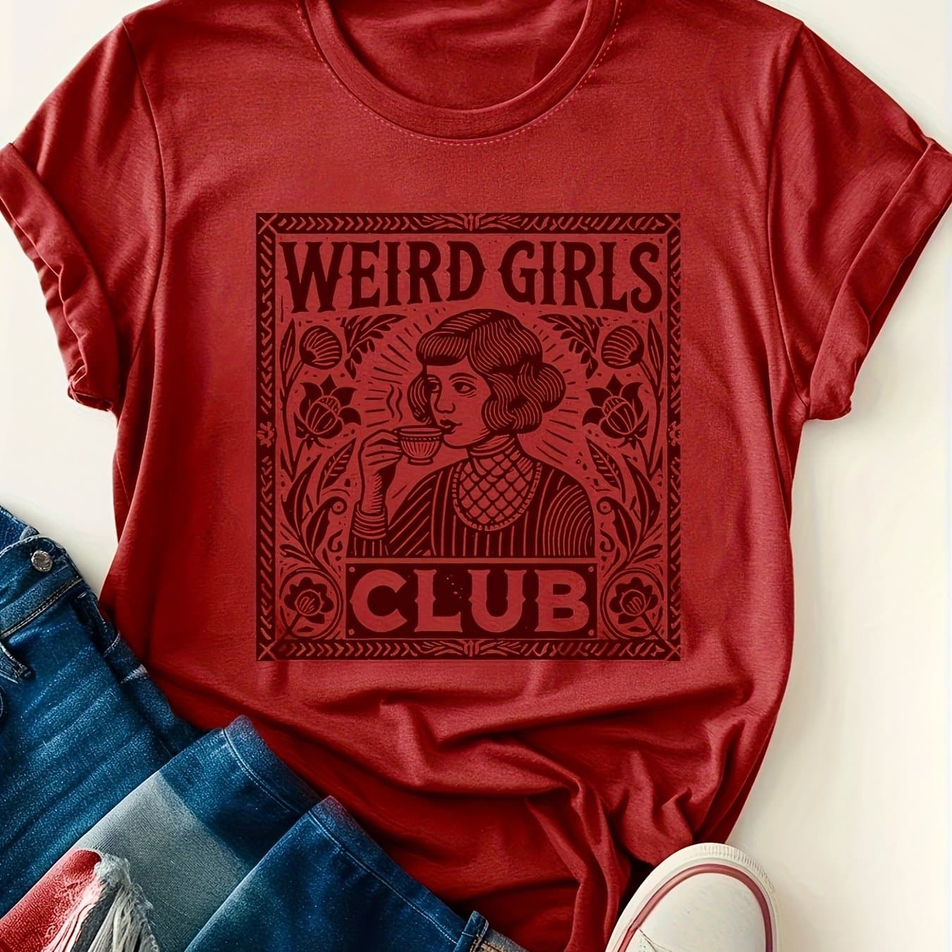 TEMU Large Size Weird Club Graphic Print T-shirt, Short Sleeve Crew Neck Casual Top For Summer And Spring, Women's Clothing, Birthday Gift, Friend Gift, Sister Gift
