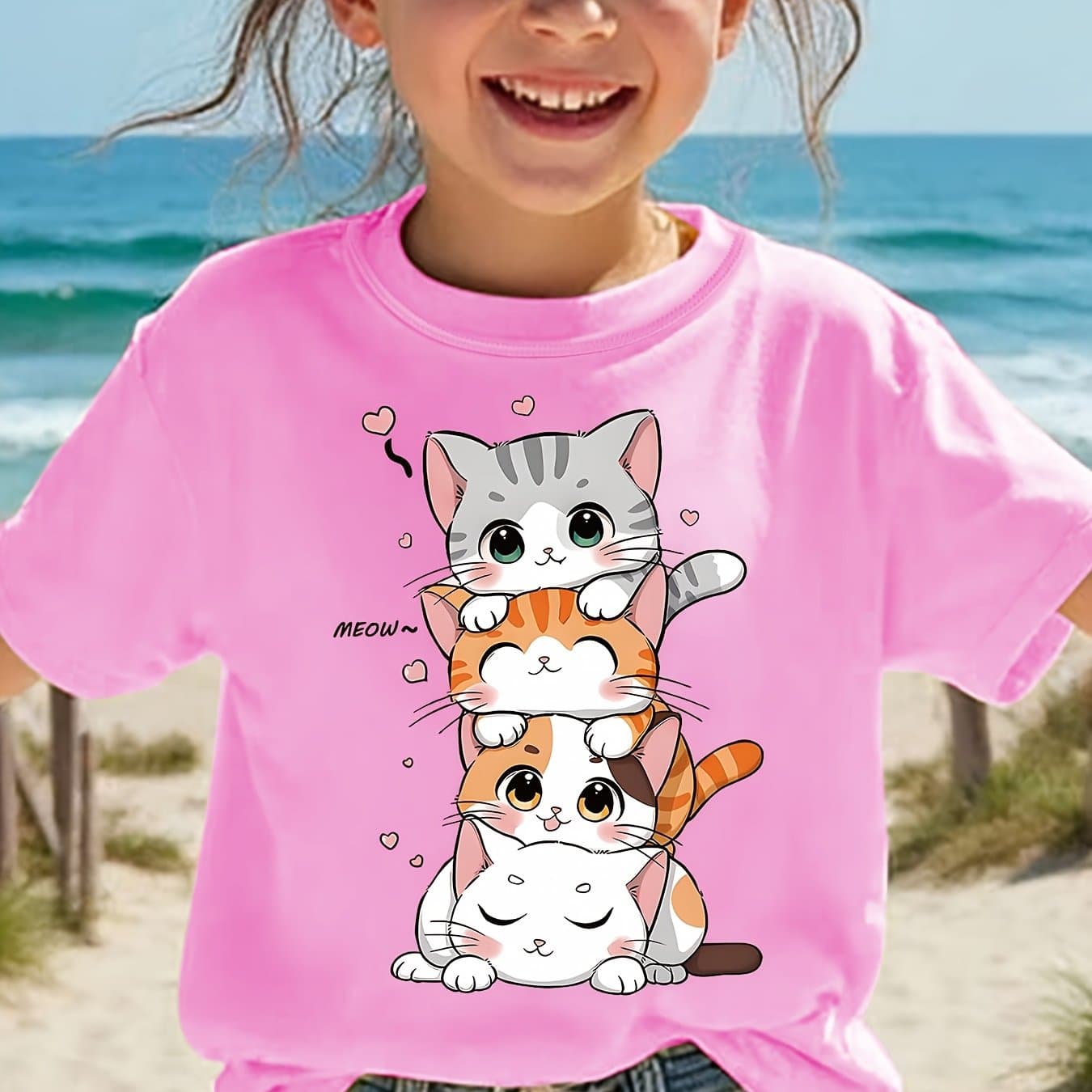 TEMU Summer Fashion Short-sleeve T-shirt For Girls With A Cute Cat Cartoon Print, Casual Top Nydx5024.