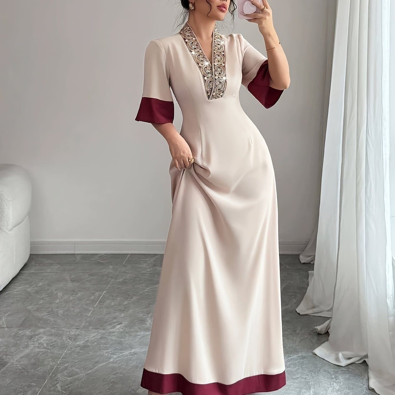 TEMU V-neck Pearl Sequined Maxi Dress For Wedding Engagement Party Gown