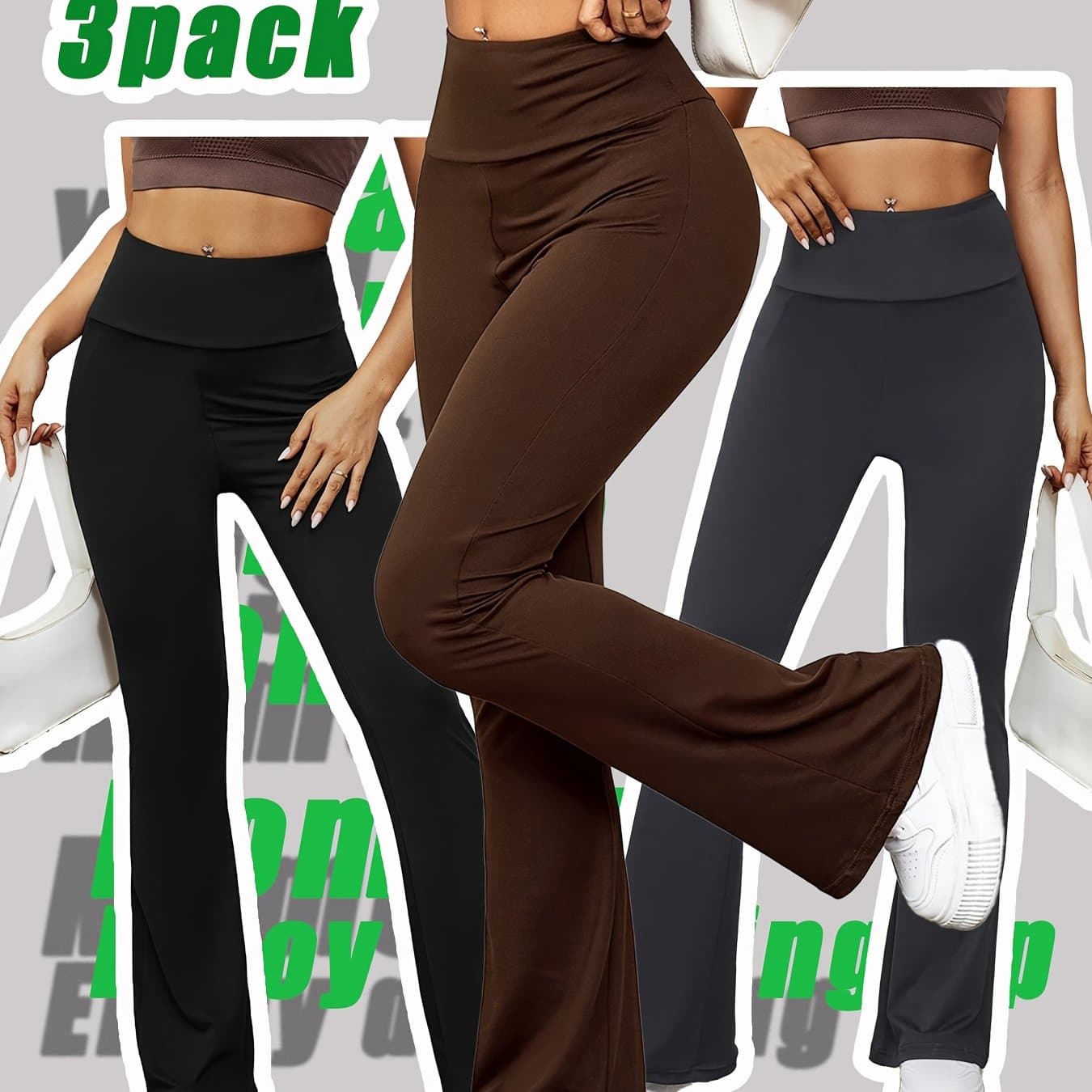 TEMU 3pcs Set - Women's Flared Pants, High , Slim Fit, Multi-, Quick-drying And Breathable, Suitable For Daily ,, Casual Wear, Home Use, Business-style Work Pants, Elegant Summer Women's Clothing
