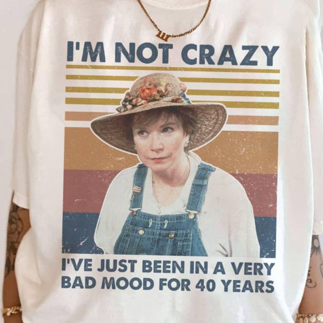 TEMU " Crazy" Vintage T-shirt - Retro Loose Fit Short Sleeve Top With Blue Lettering & Striped Background, Casual Round Neck Tee For Daily Wear, Machine Washable Gift