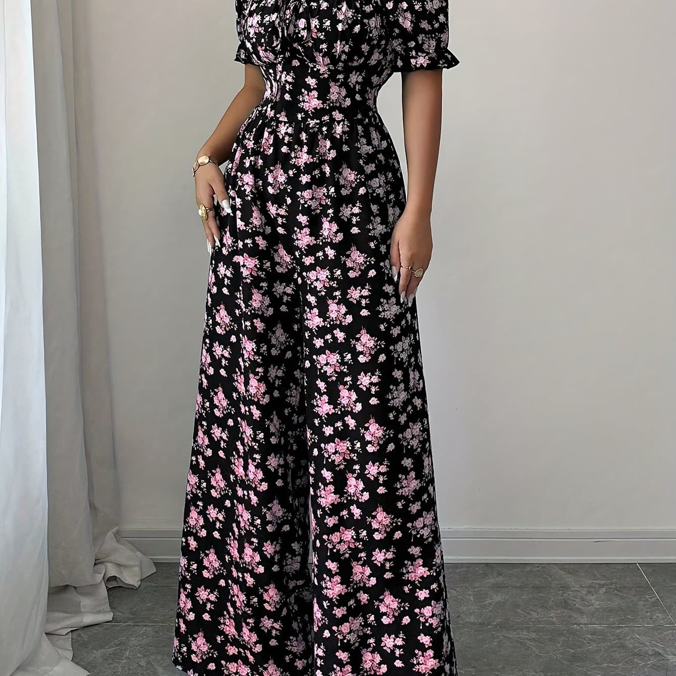 TEMU Women's Elegant Waist-cinching Printed Jumpsuit, Summer Jumpsuit, Wide-leg Printed Jumpsuit, Long Length Printed Jumpsuit
