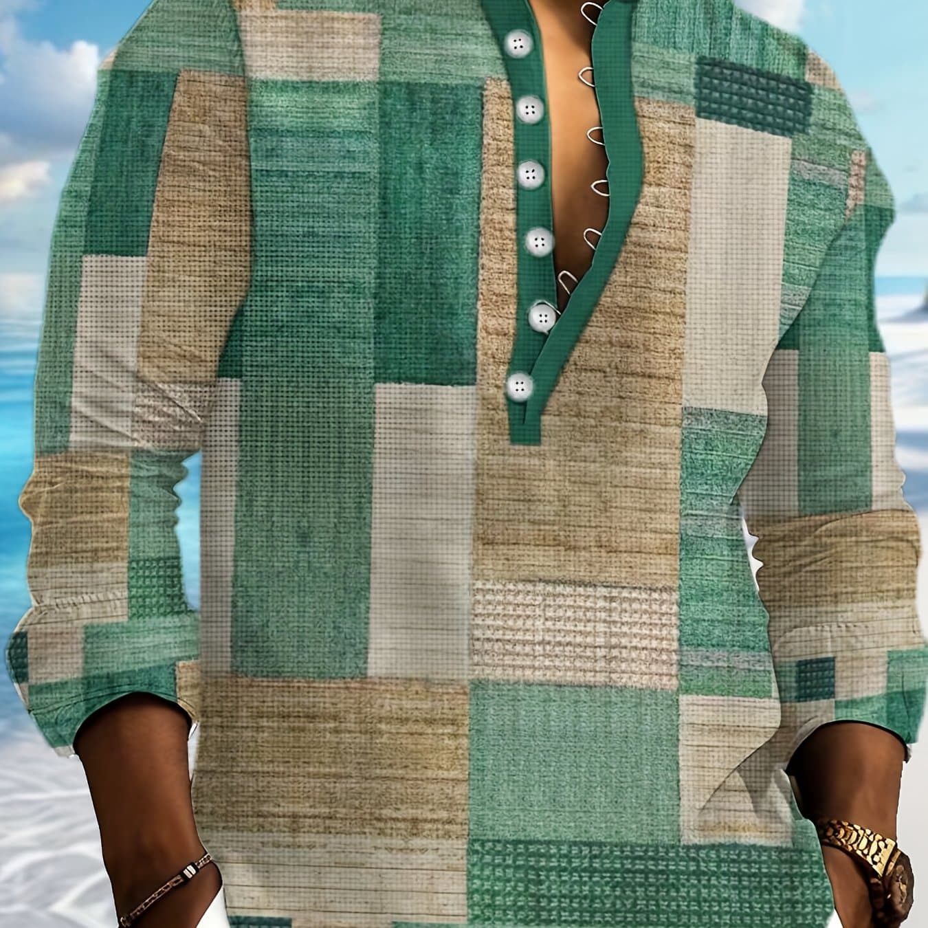 TEMU Creative Printed Men's Summer Long-sleeved Button- Casual Henry Collar Easy Shirt, Fashionable And Versatile, Suitable For Dating, Beach Vacation