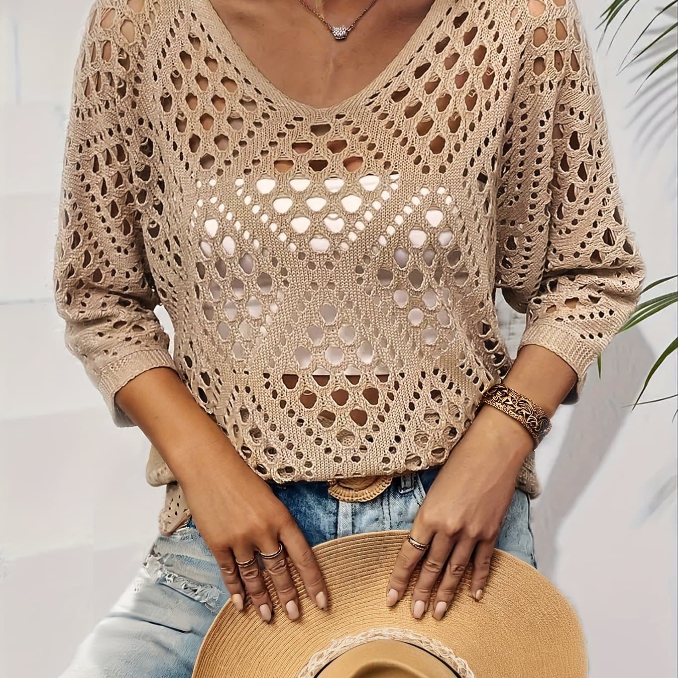 TEMU Spring Summer Autumn Solid Color Women's Elegant V-neck Casual Loose Vacation Hollow Out Pullover