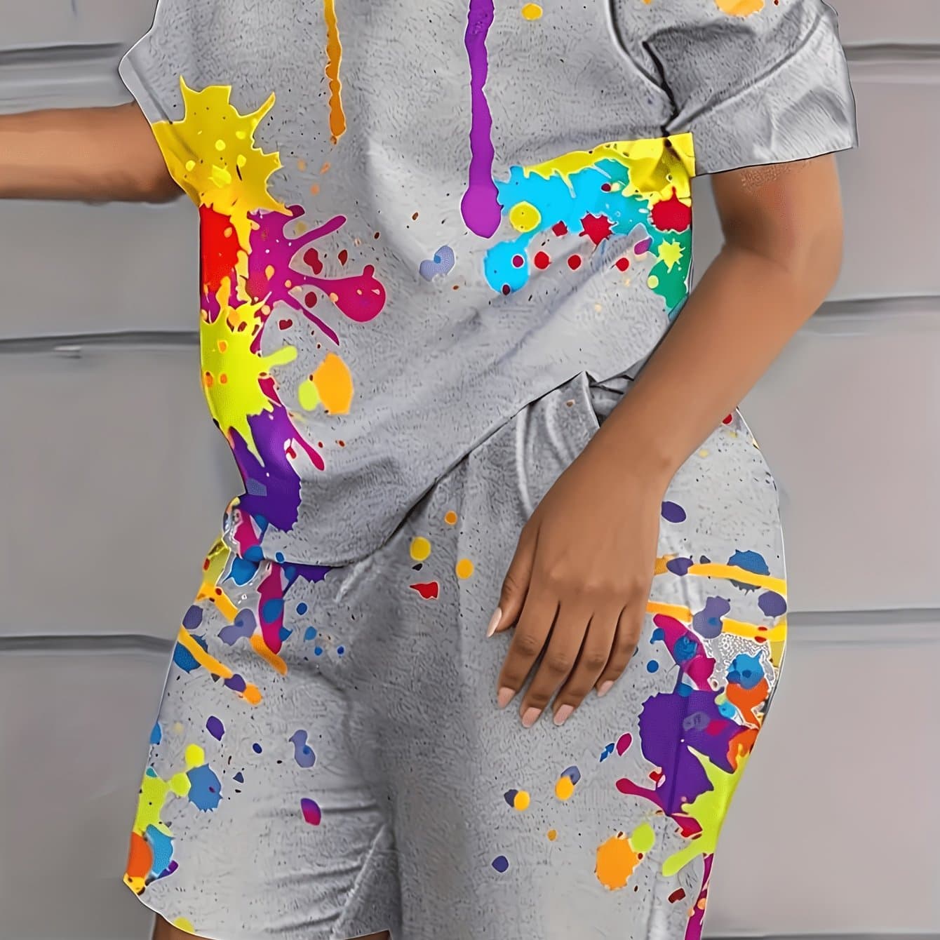 TEMU Fashionable 2pcs Pajama Set - Vibrant Splash Ink Printed Crew Neck Top And Shorts - Comfortable Women's Loungewear, Wearable Outside