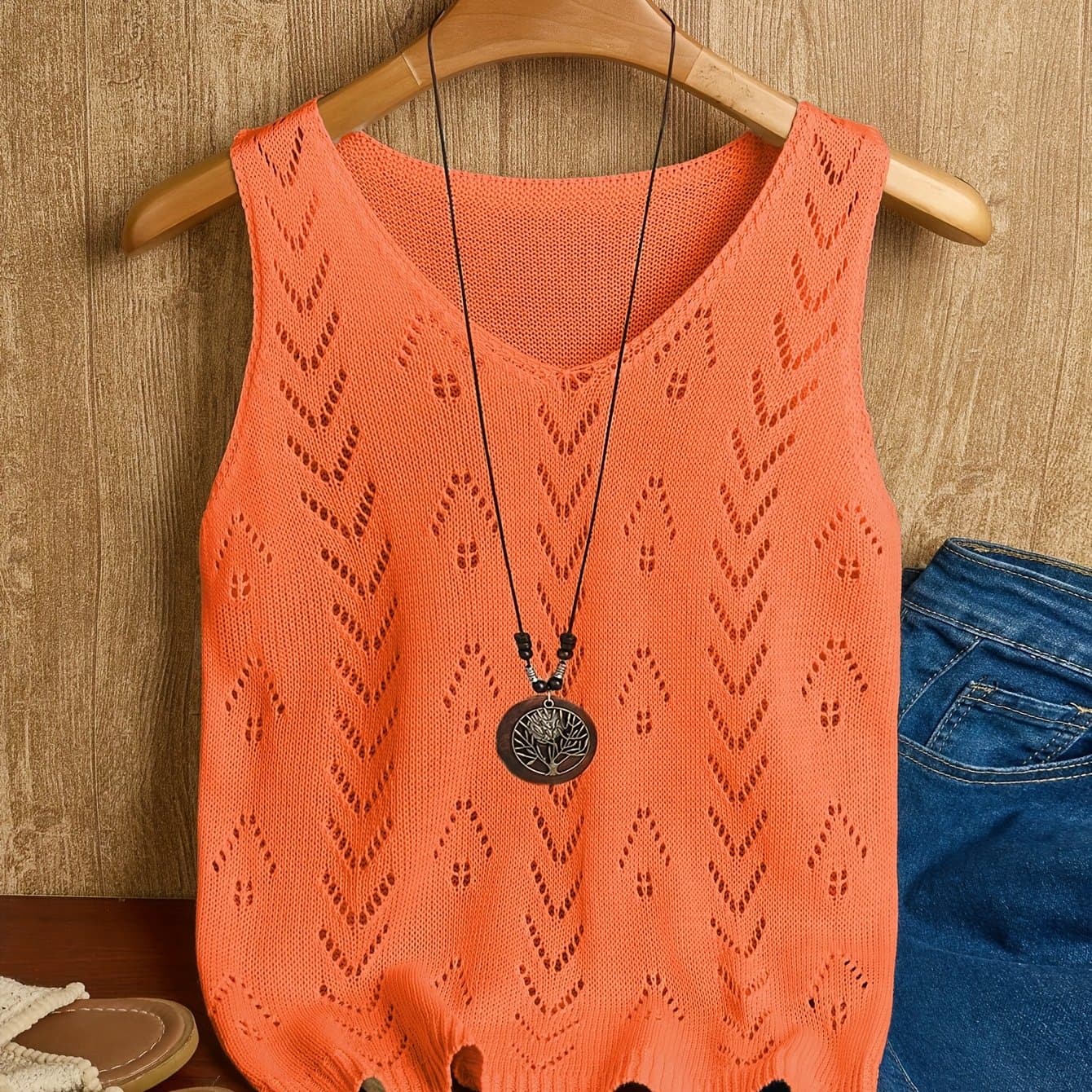 TEMU Vacation Beach Essential Women's Tank Top, Solid Color Hollow-out Sleeveless Top, Lightweight And Breathable, Versatile Outerwear And Base Layer