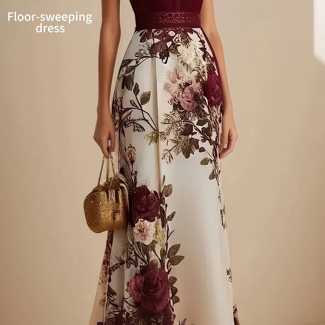 TEMU Burgundy Lace-trim Floral Maxi Dress | Retro Elegant Style: Lace Neck Adds , Printed Skirt , A Polished For Banquets & Dates
