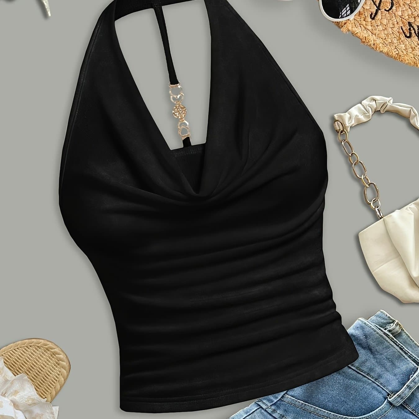 TEMU Women's Elegant And Fashionable Halter Neck Camisole With Draped Collar, A Slim-fit, Figure-flattering, And Sexy Solid-color Sleeveless Top