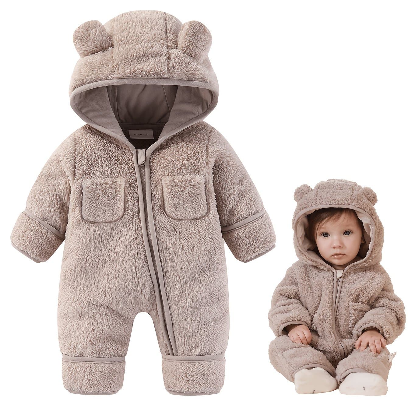 TEMU Newborn Baby Outfit Suit Bear Onesie Fold-over Mittens Footies Girls Boys Winter Fleece Clothes Hooded Jumpsuit Romper