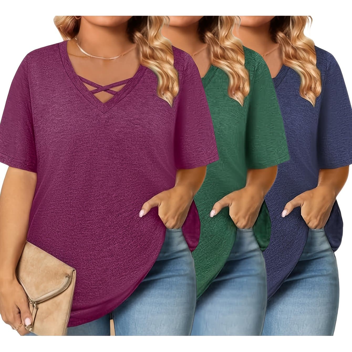 TEMU Plus Size - Plus Size - 2025 European And Casual Solid Color V-neck Short-sleeve T-shirt Three-piece Set